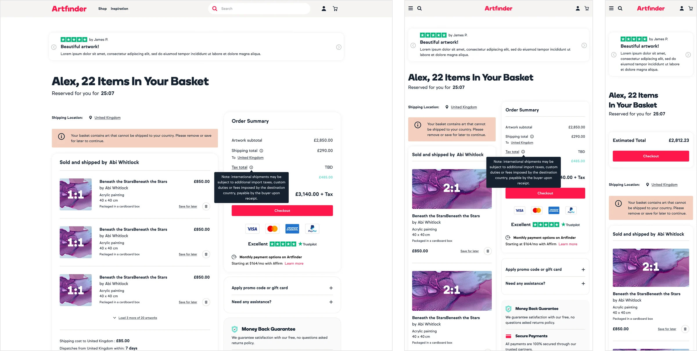 The redesigned basket on desktop, tablet and mobile