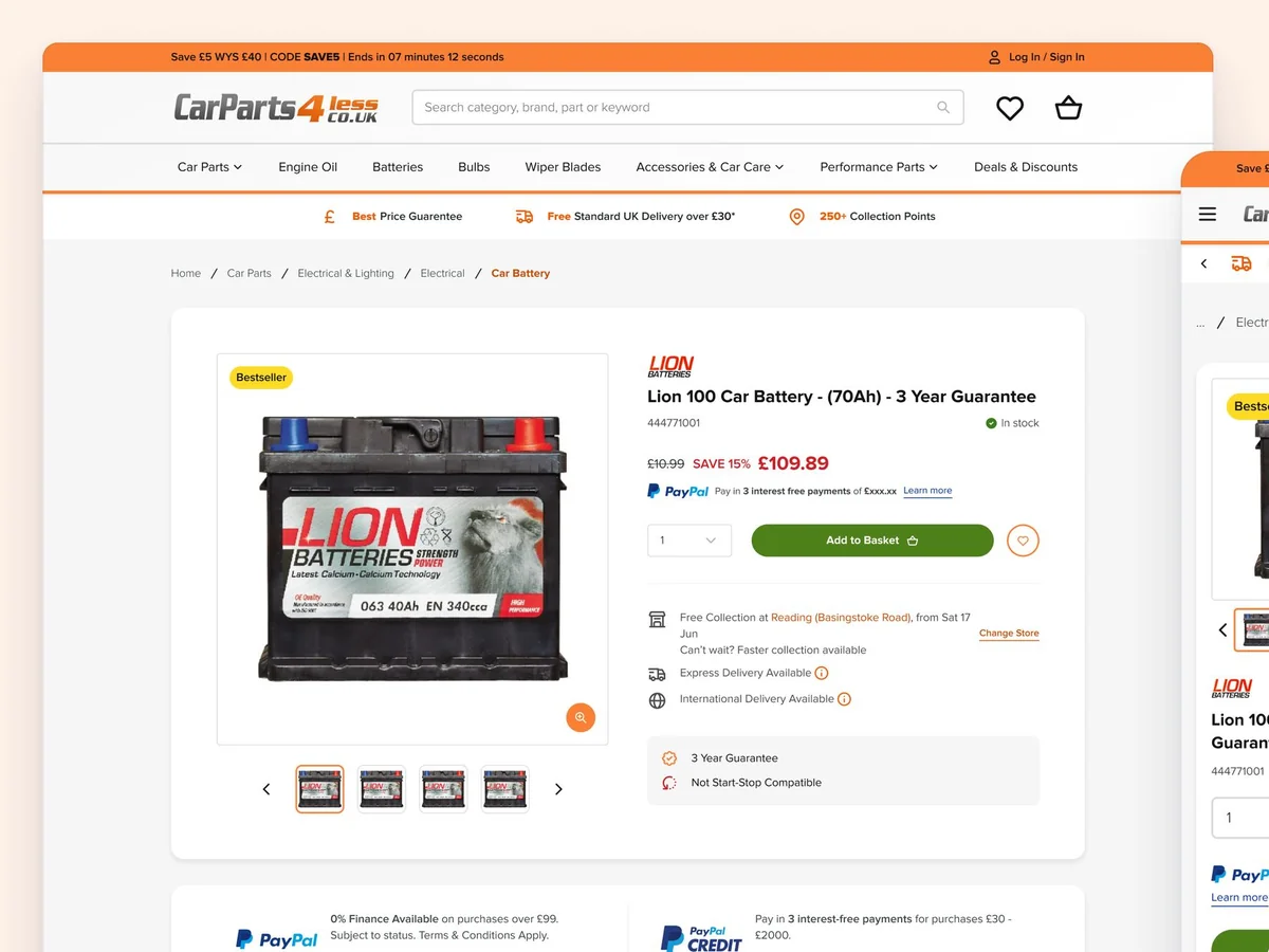 CarParts4Less product page for a car battery on desktop and mobile