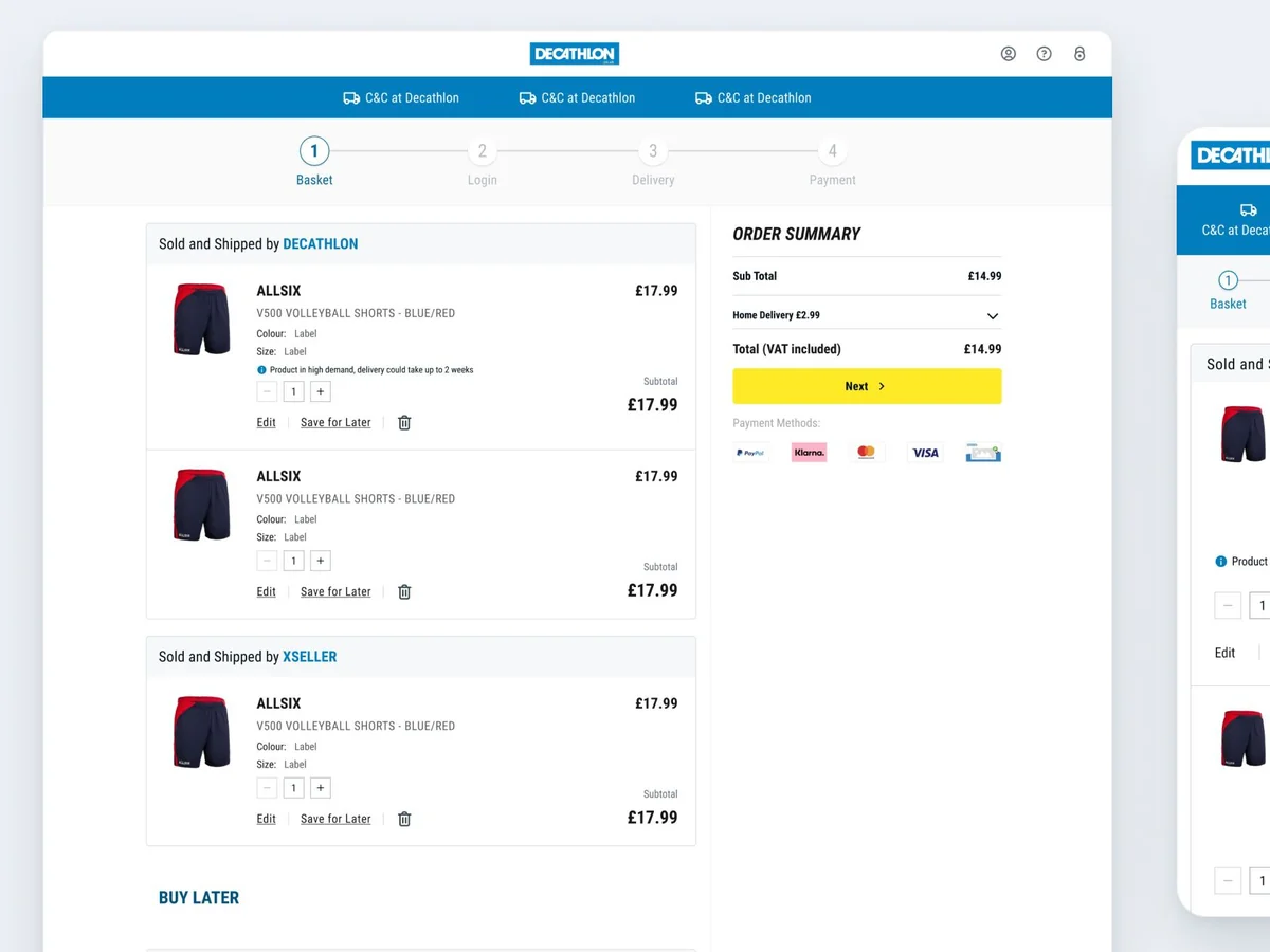 Decathlon basket on desktop and mobile, with items grouped by seller next to the order summary