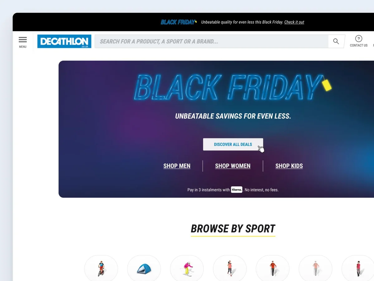 Decathlon Black Friday landing page on desktop, with the campaign hero and a 'Browse by sport' carousel
