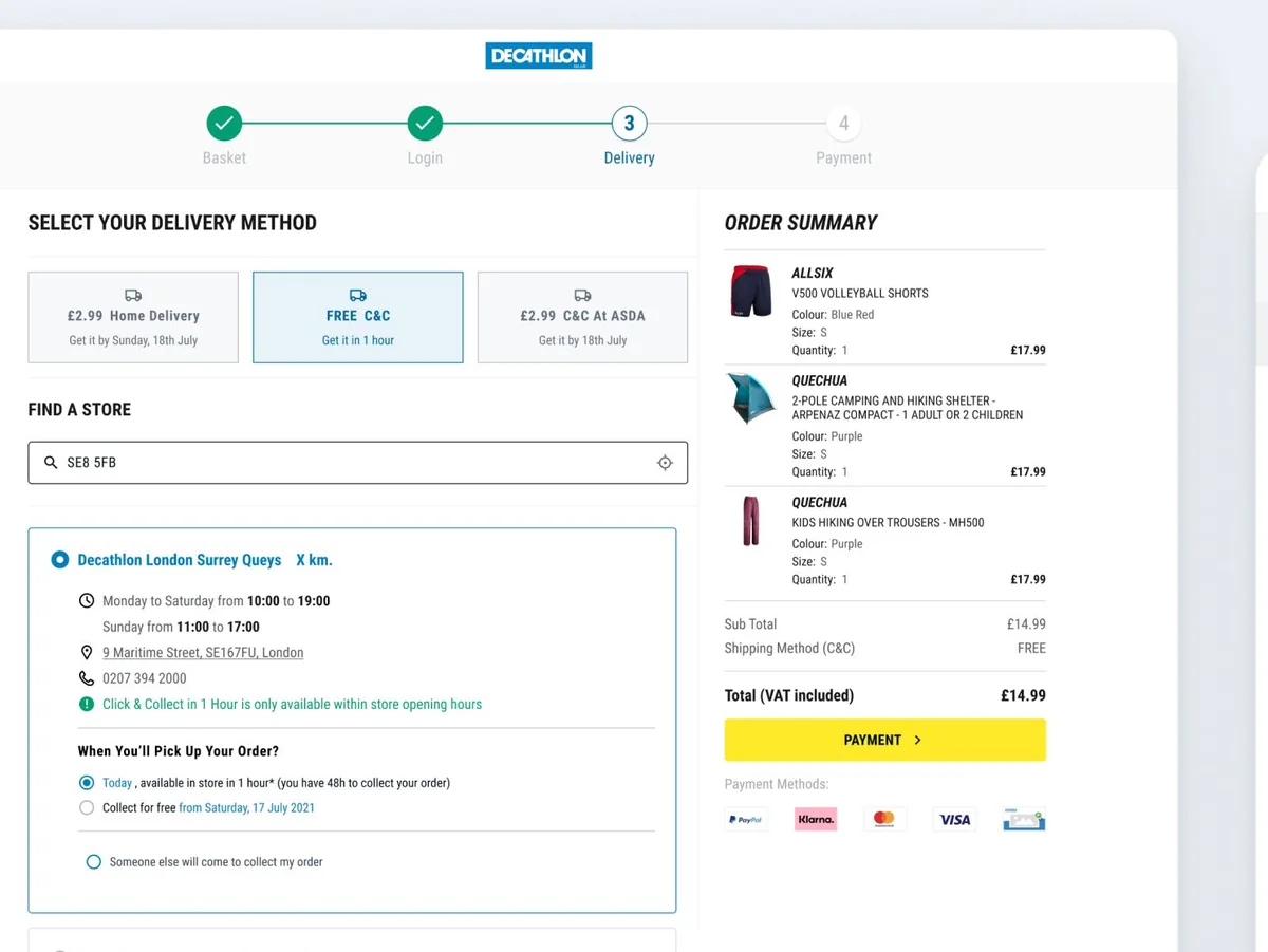 Decathlon checkout delivery step on desktop and mobile, with a Click & Collect store, its opening hours and pick-up options