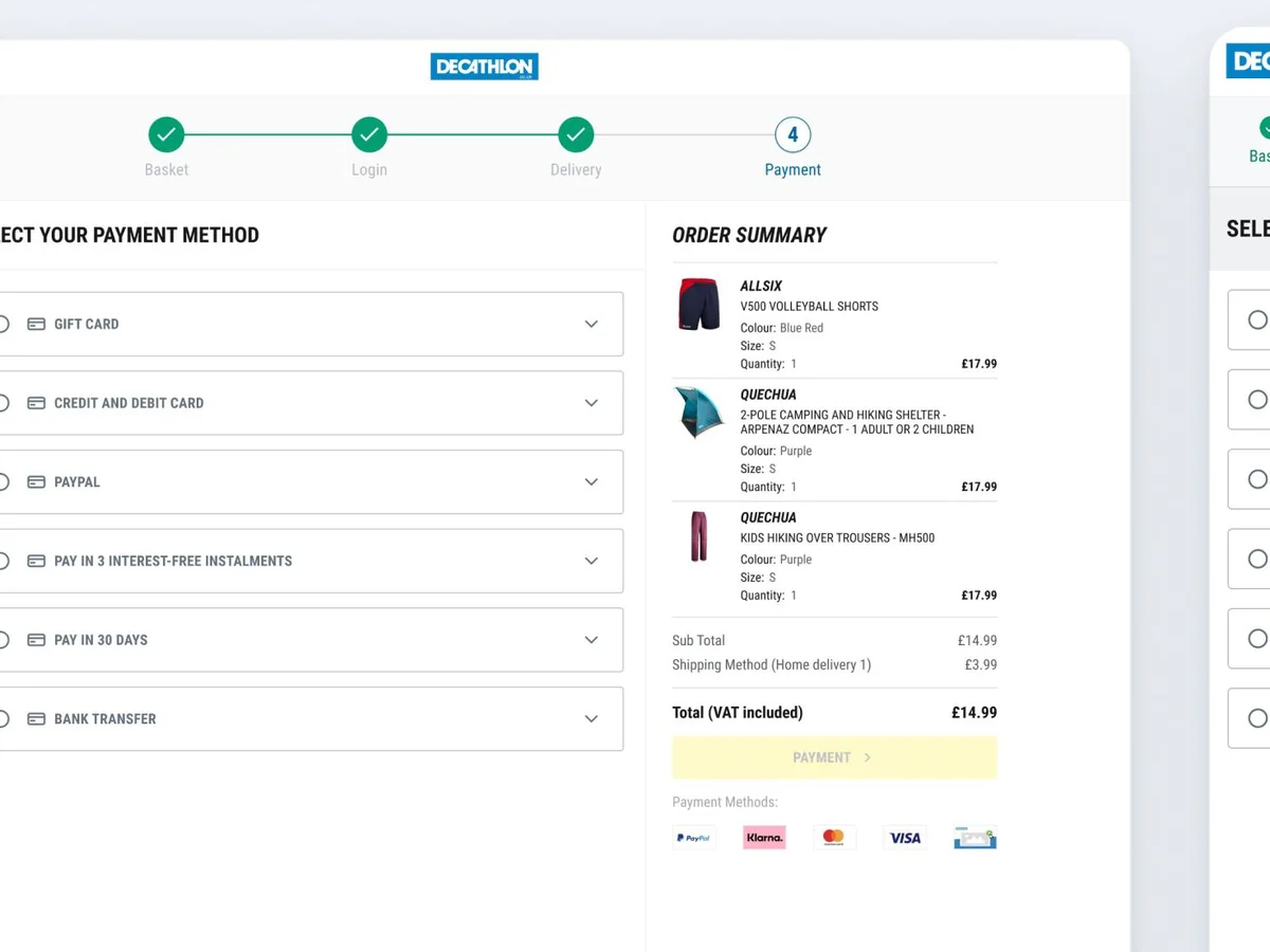 Decathlon checkout payment step on desktop and mobile, listing payment methods next to the order summary