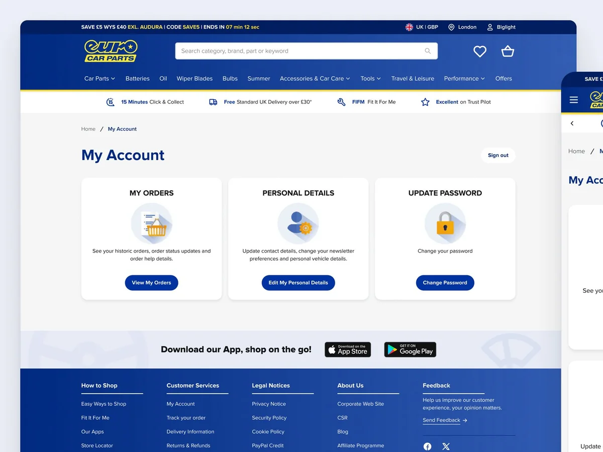 Euro Car Parts My Account page on desktop and mobile, with orders and personal details