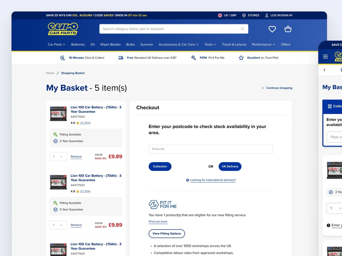 Euro Car Parts basket on desktop and mobile, with collection, delivery and fitting options