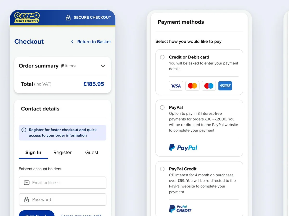Euro Car Parts mobile checkout: sign-in, payment methods including PayPal, Google Pay and Apple Pay, and click-and-collect options