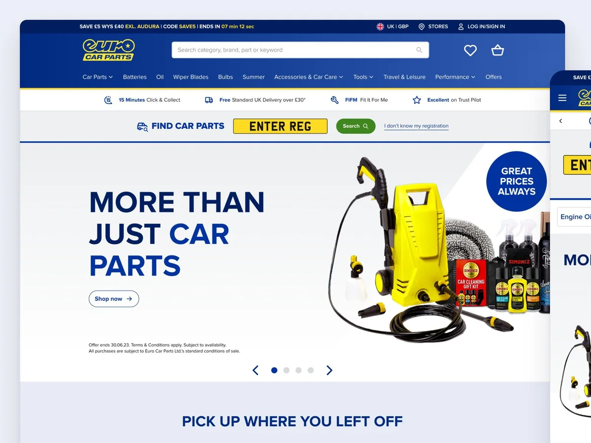 Euro Car Parts homepage on desktop and mobile, with vehicle registration search
