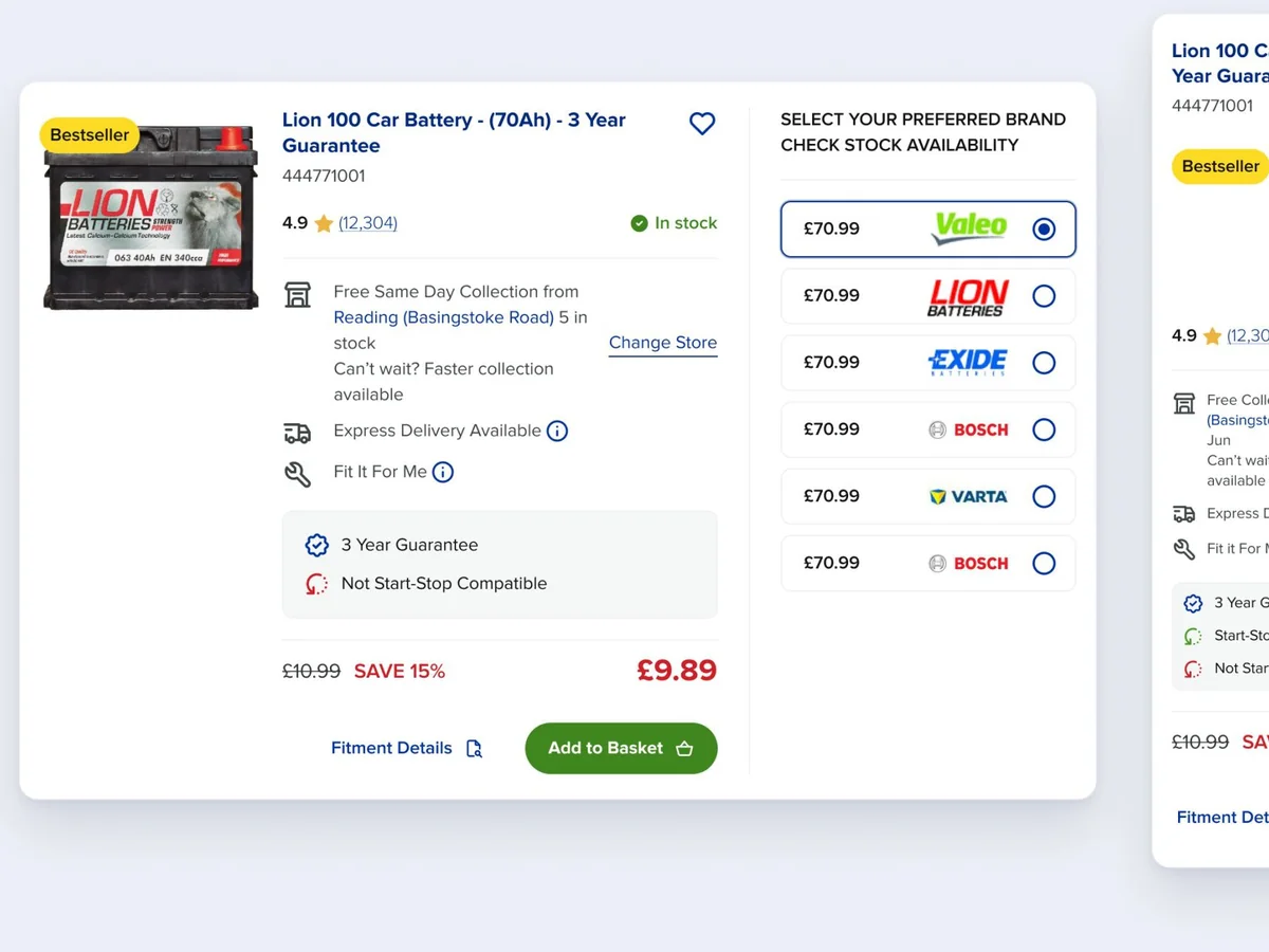 Euro Car Parts product cards for a car battery, with stock, collection and delivery details and a brand selector