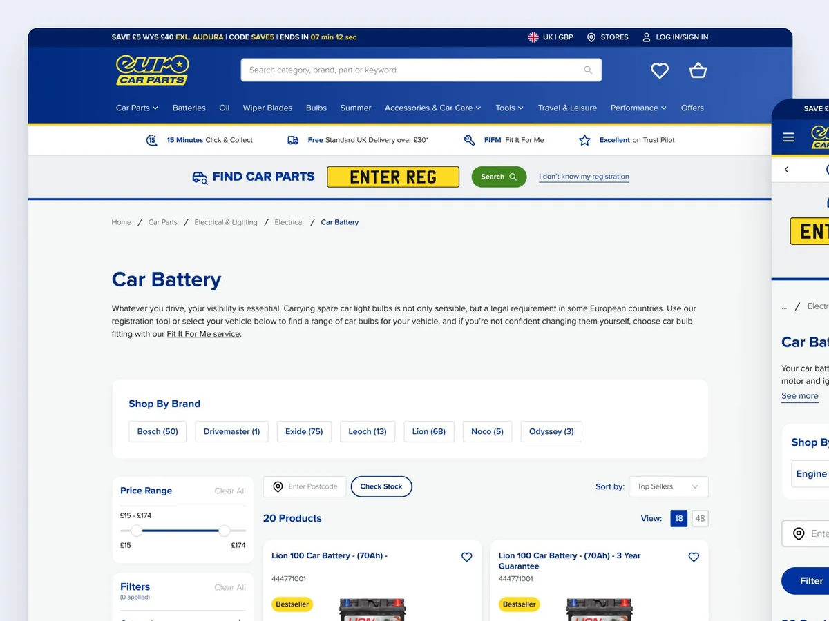 Euro Car Parts car battery listing page on desktop and mobile, with filters and product cards