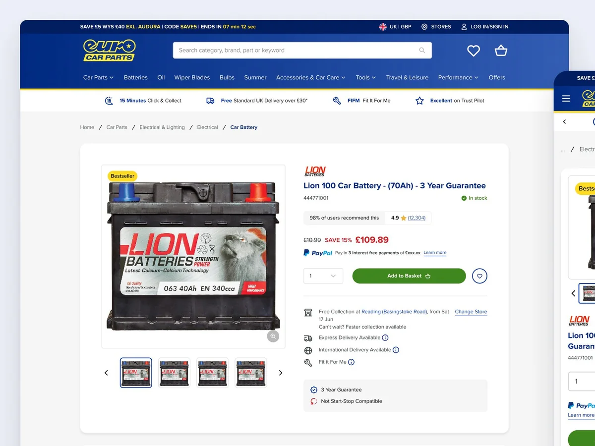 Euro Car Parts product page for a car battery on desktop and mobile