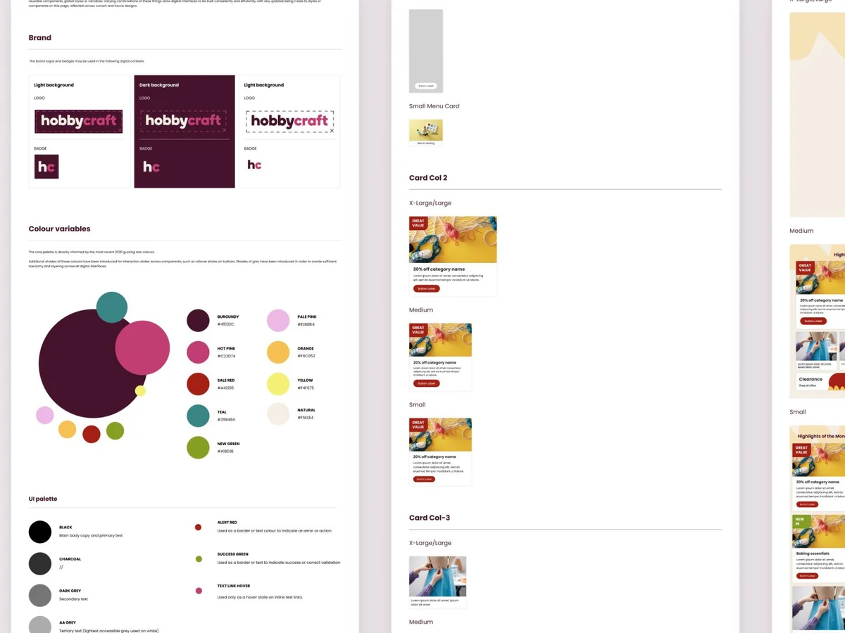 Hobbycraft component library pages for colour, cards and modules