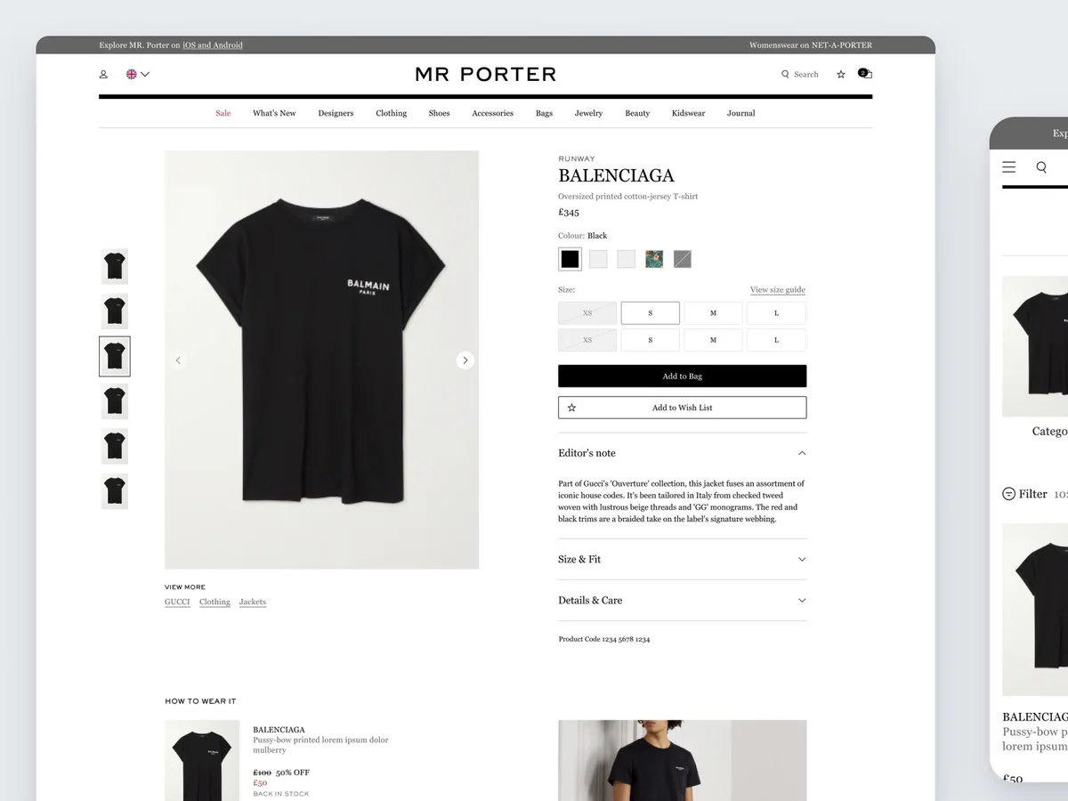 Mr Porter product page on desktop next to a product listing on mobile