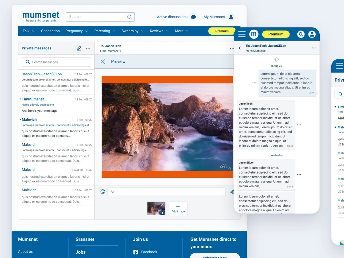 Mumsnet private messaging on desktop and mobile, with a conversation and the inbox