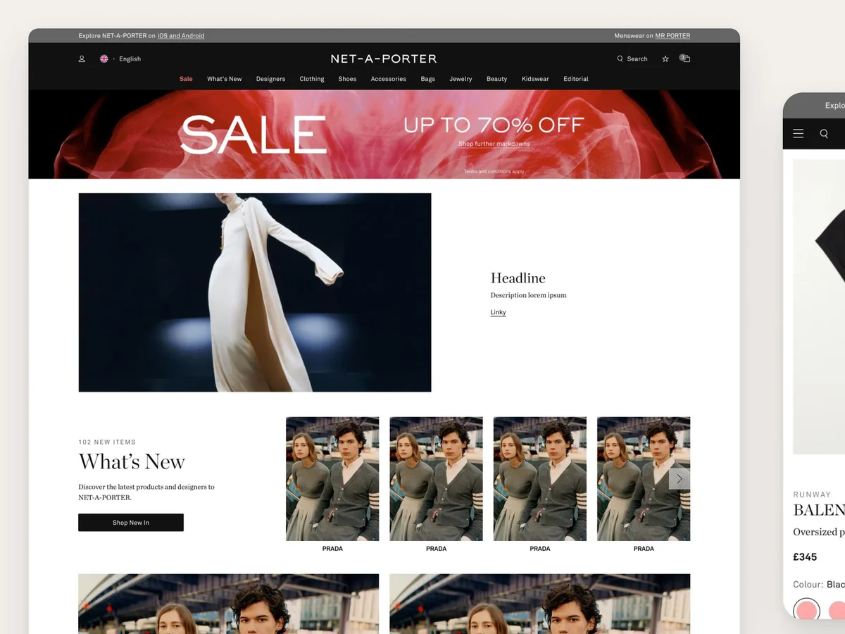 Net-A-Porter homepage on desktop next to a product page on mobile