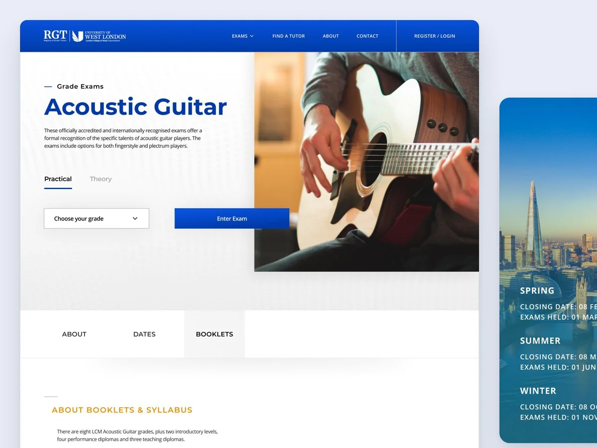 Registry of Guitar Tutors Acoustic Guitar exam page on desktop, next to the exam dates card