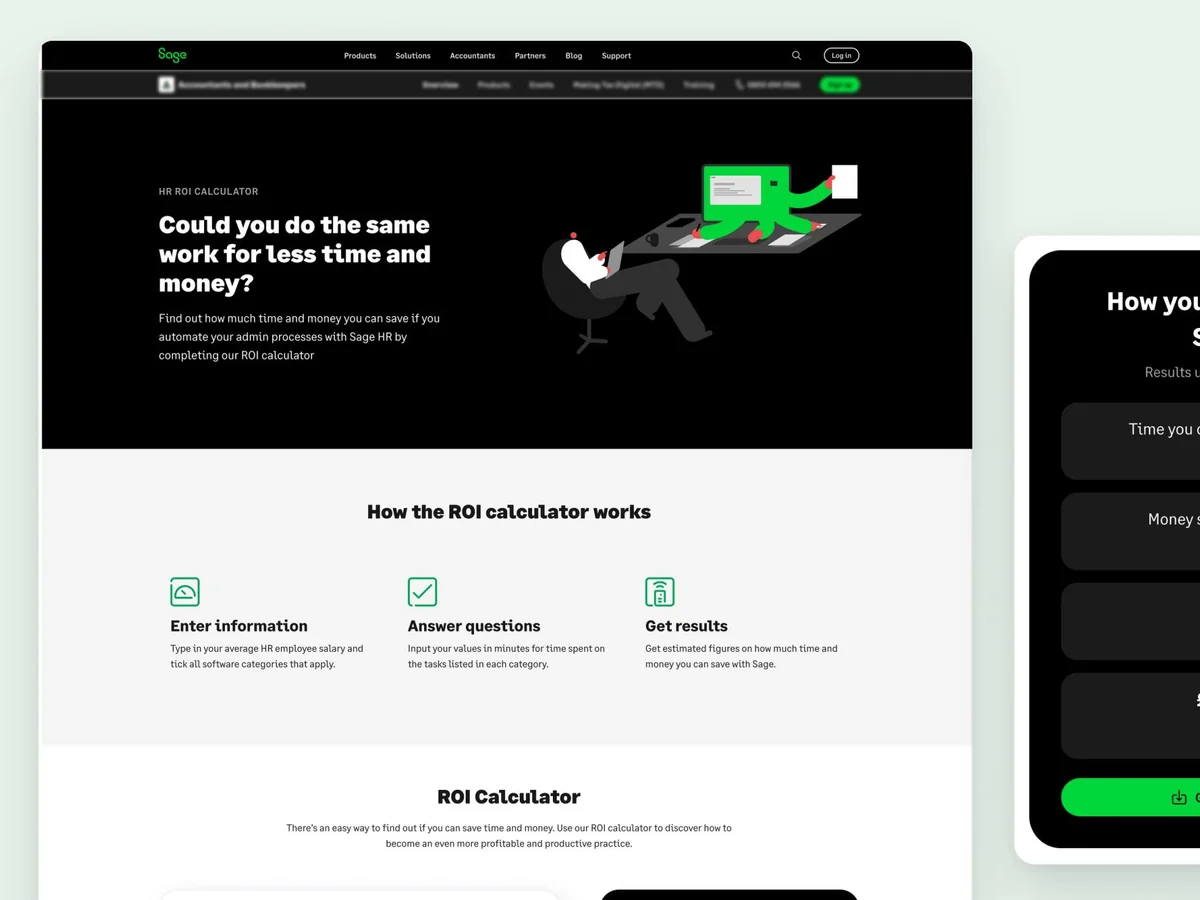 Sage HR ROI calculator page on desktop, next to the results panel showing time and money saved