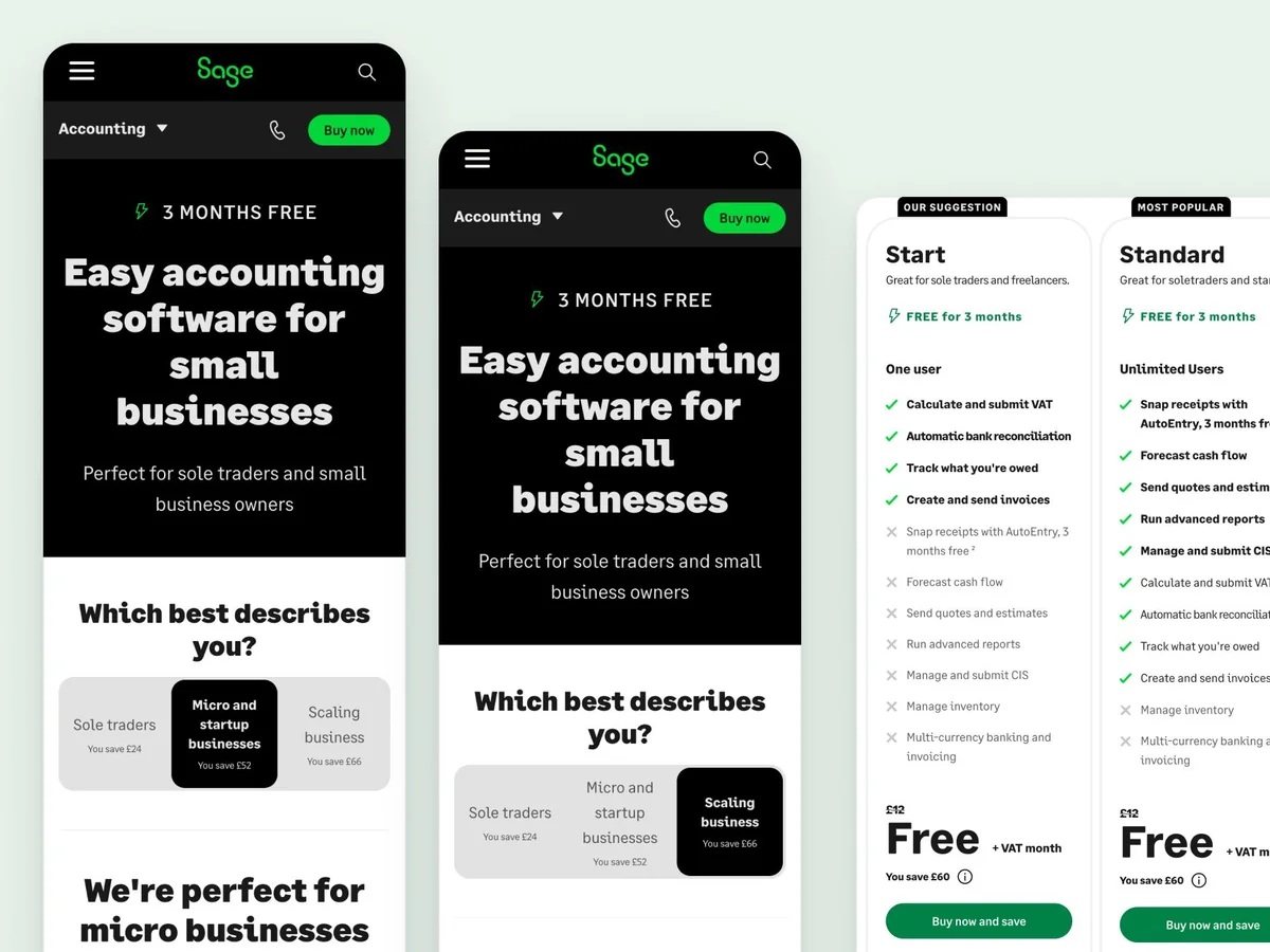 Sage Accounting product pages on mobile, with plan cards for Start, Standard and Plus