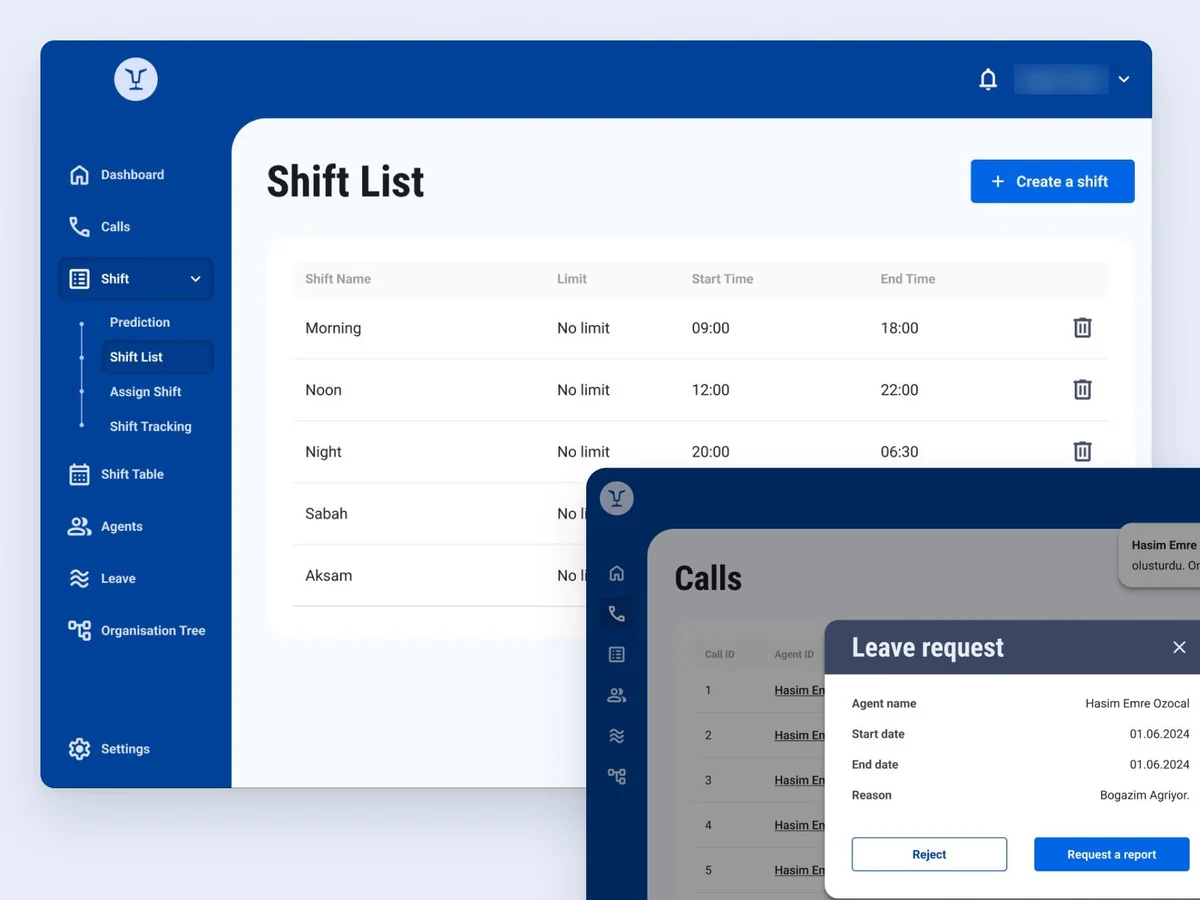 Shiftiger shift list, with a leave request open on the calls screen