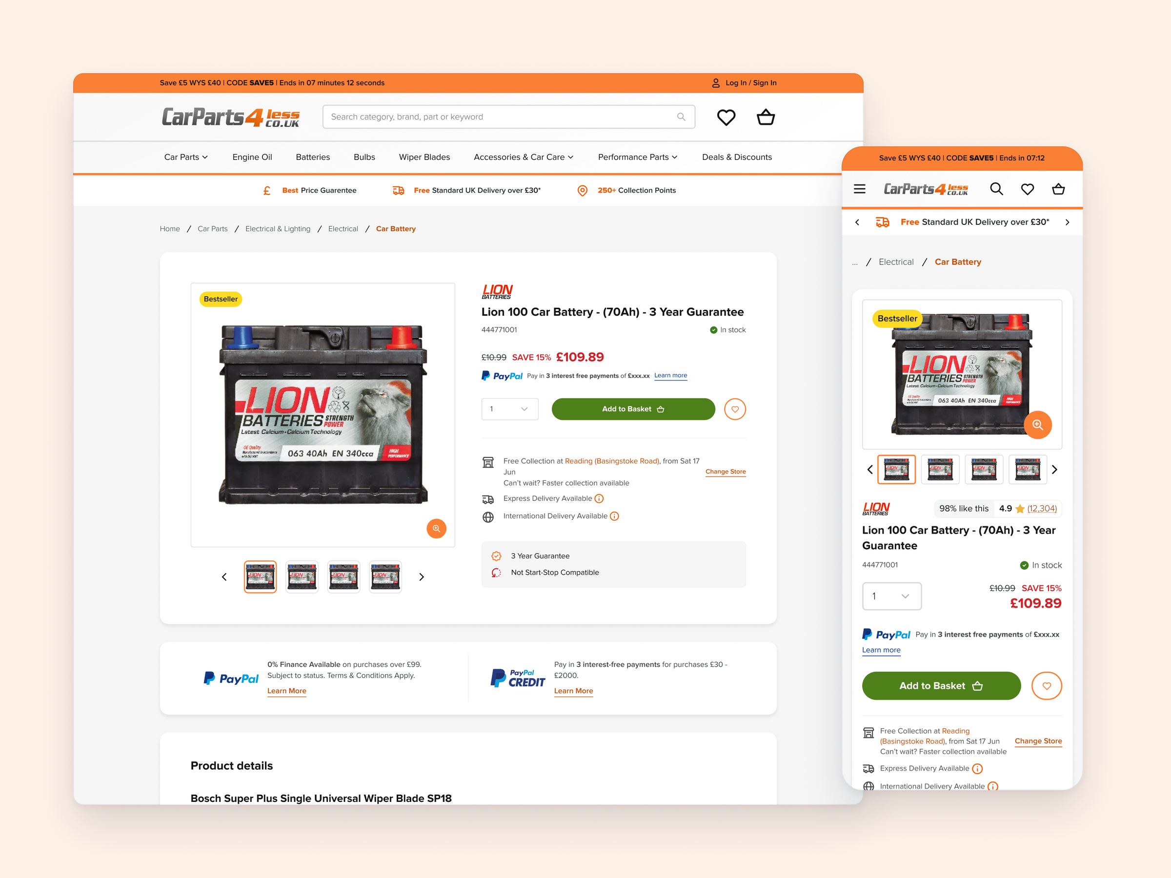 CarParts4Less product page for a car battery on desktop and mobile
