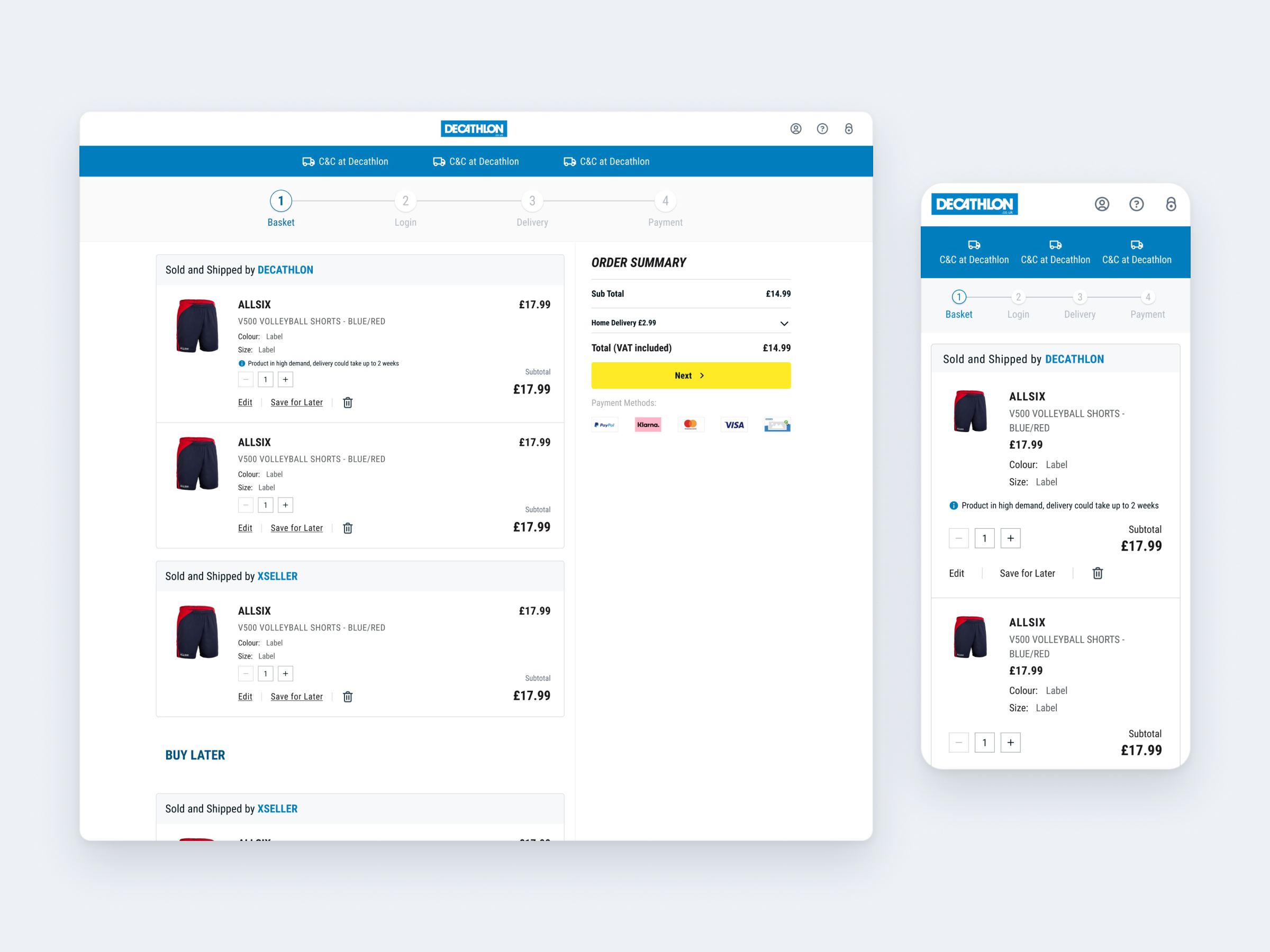 Decathlon basket on desktop and mobile, with items grouped by seller next to the order summary