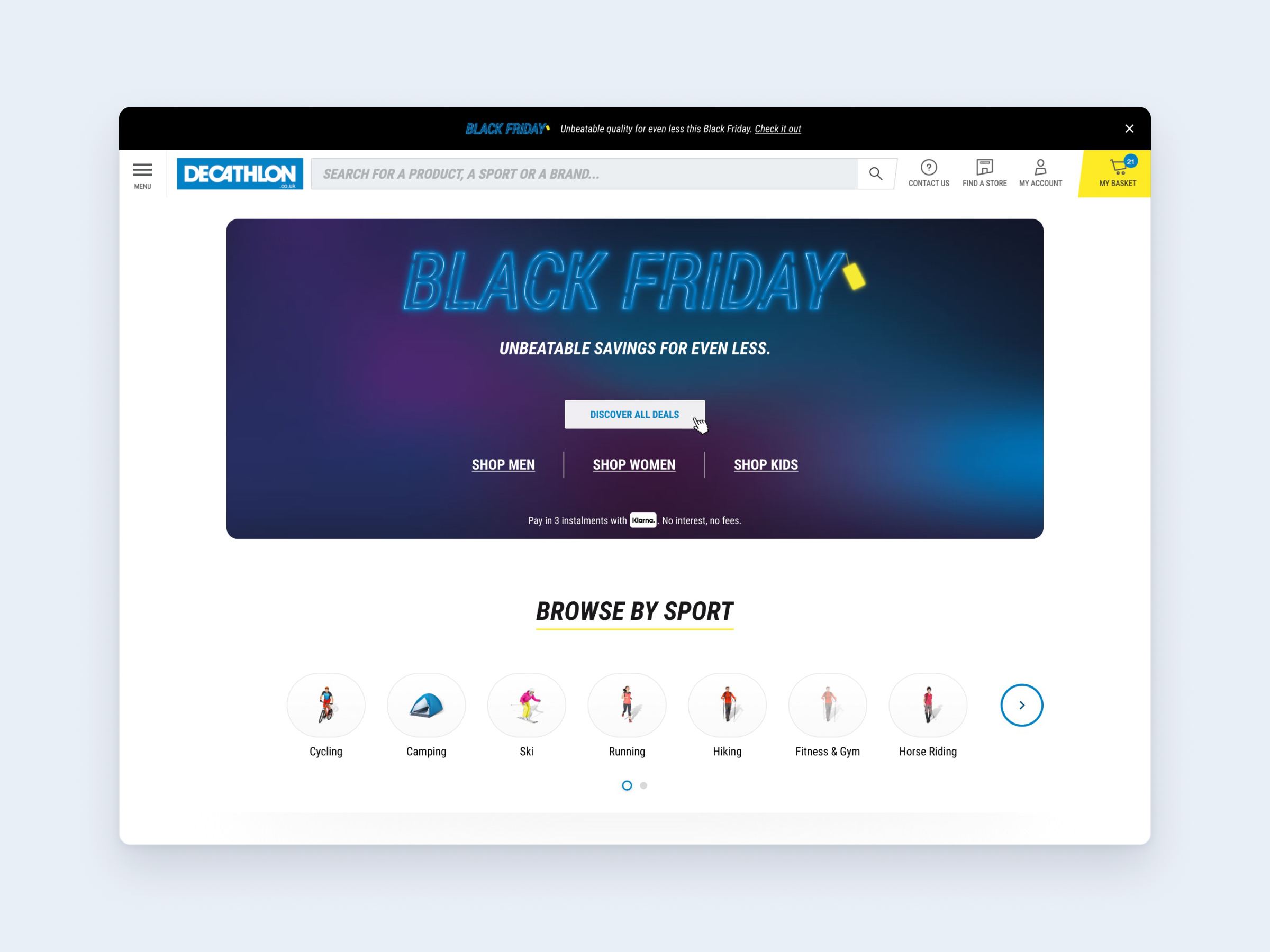 Decathlon Black Friday landing page on desktop, with the campaign hero and a 'Browse by sport' carousel