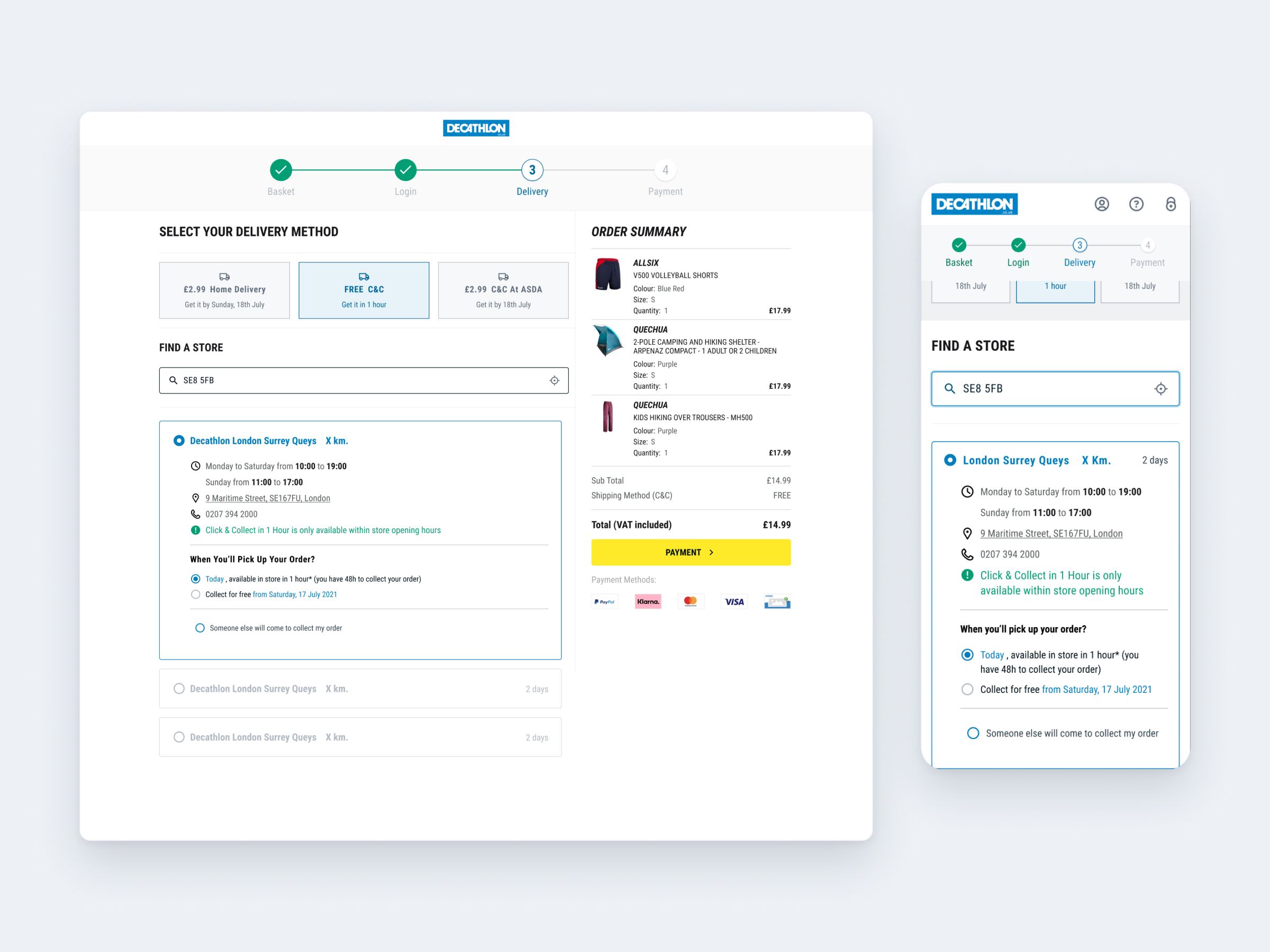 Decathlon checkout delivery step on desktop and mobile, with a Click & Collect store, its opening hours and pick-up options