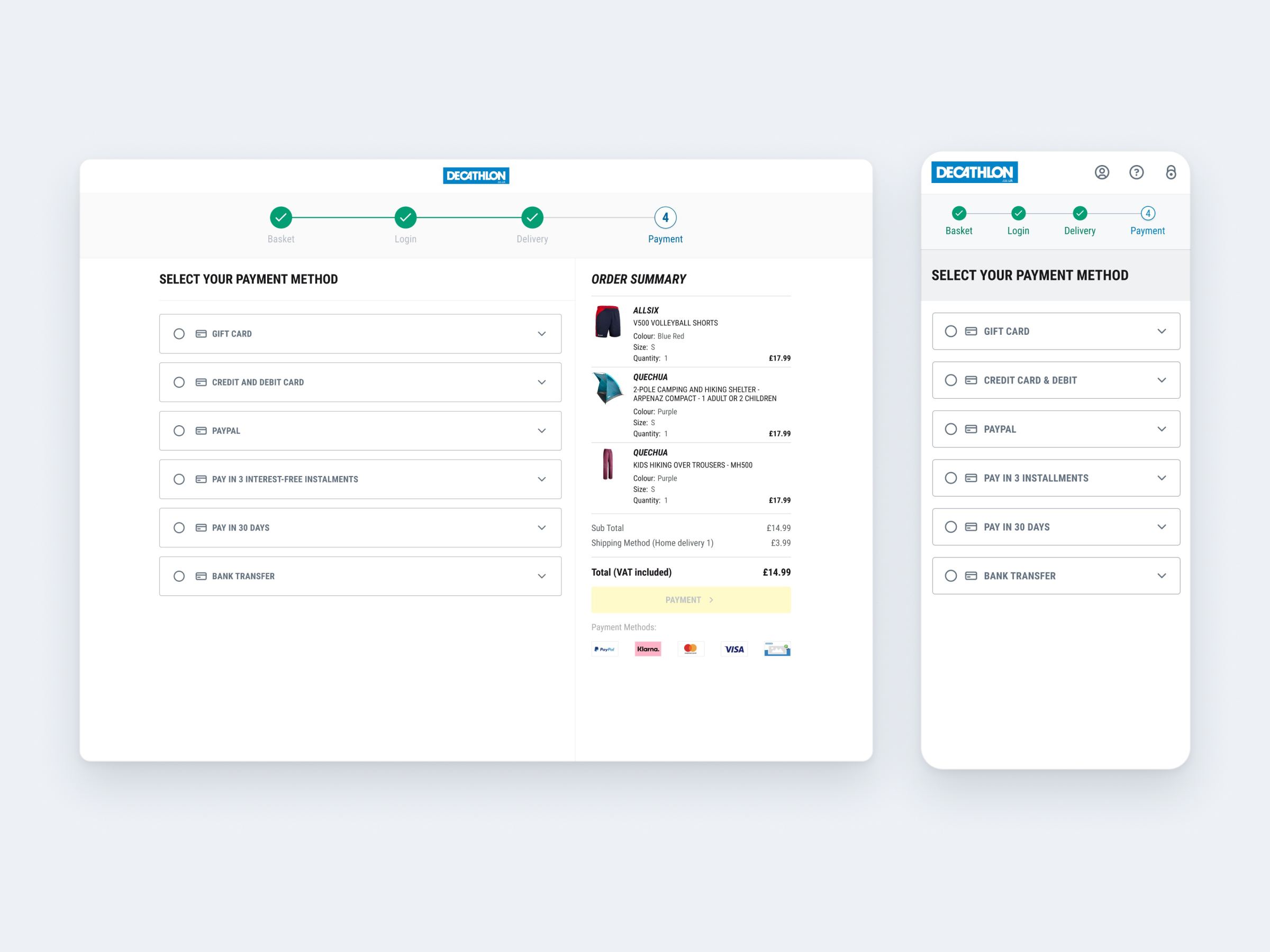 Decathlon checkout payment step on desktop and mobile, listing payment methods next to the order summary