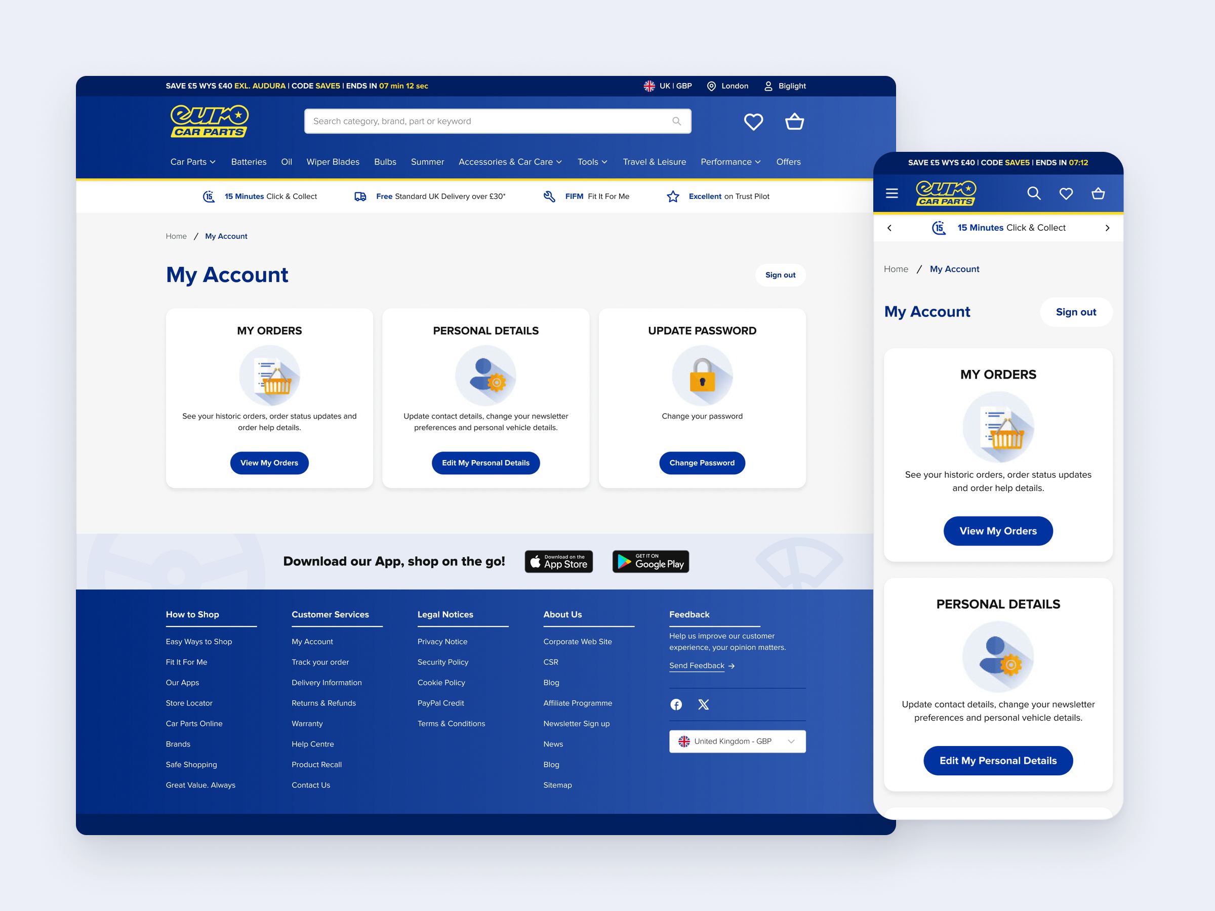 Euro Car Parts My Account page on desktop and mobile, with orders and personal details