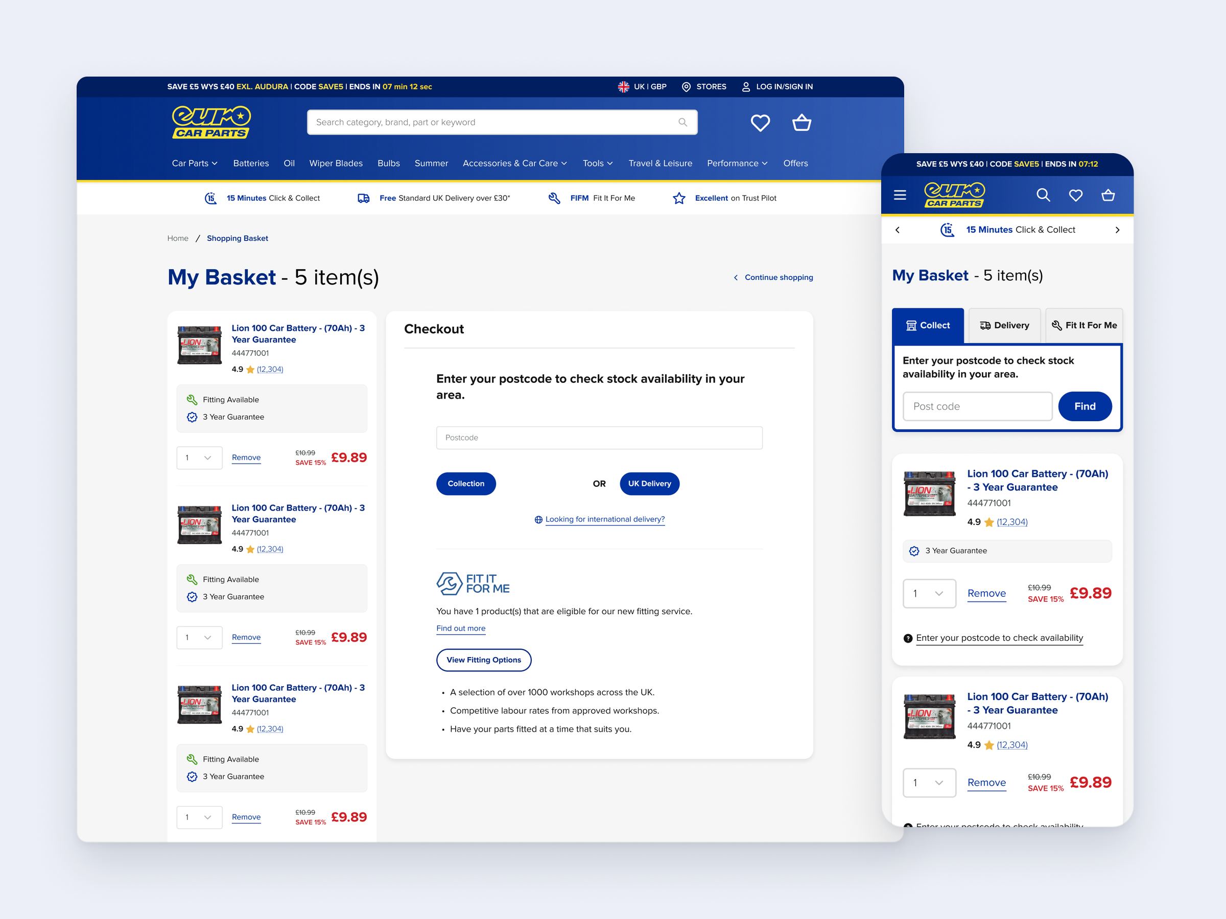 Euro Car Parts basket on desktop and mobile, with collection, delivery and fitting options