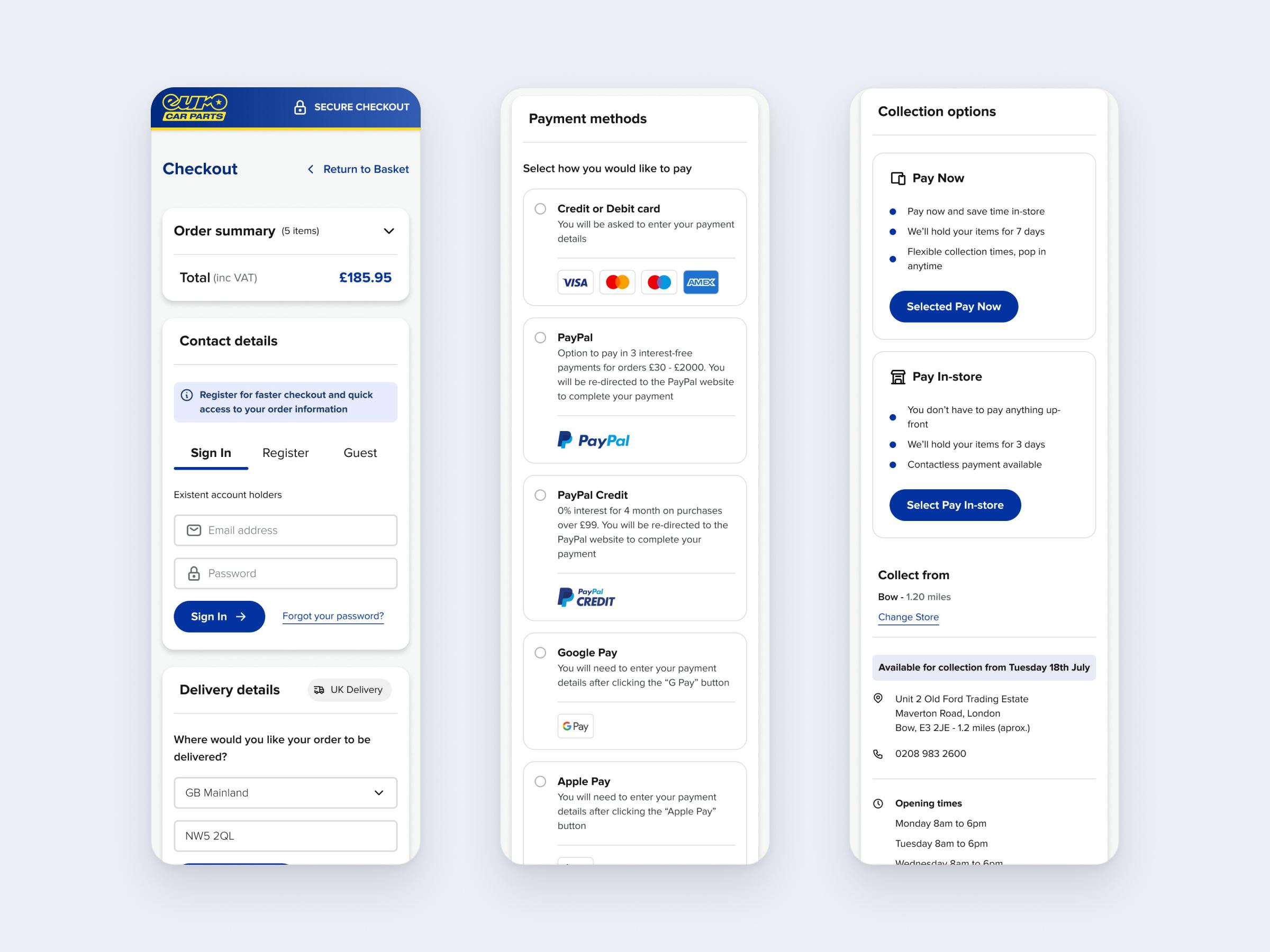 Euro Car Parts mobile checkout: sign-in, payment methods including PayPal, Google Pay and Apple Pay, and click-and-collect options