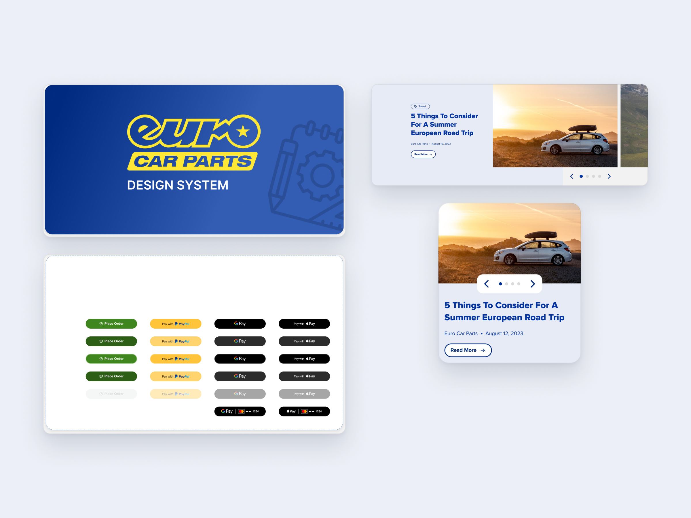 Euro Car Parts design system cover, payment buttons and blog hero component