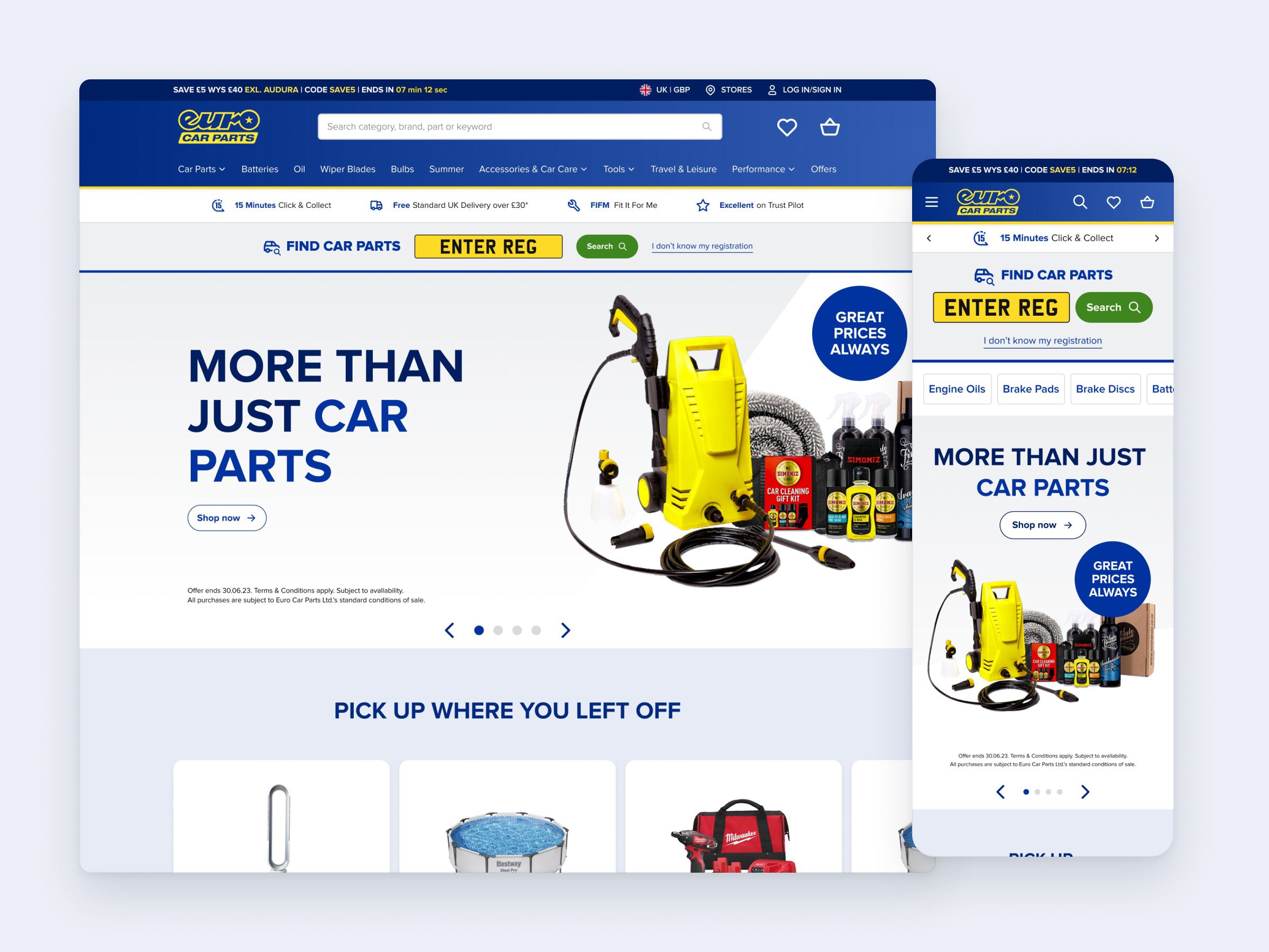 Euro Car Parts homepage on desktop and mobile, with vehicle registration search