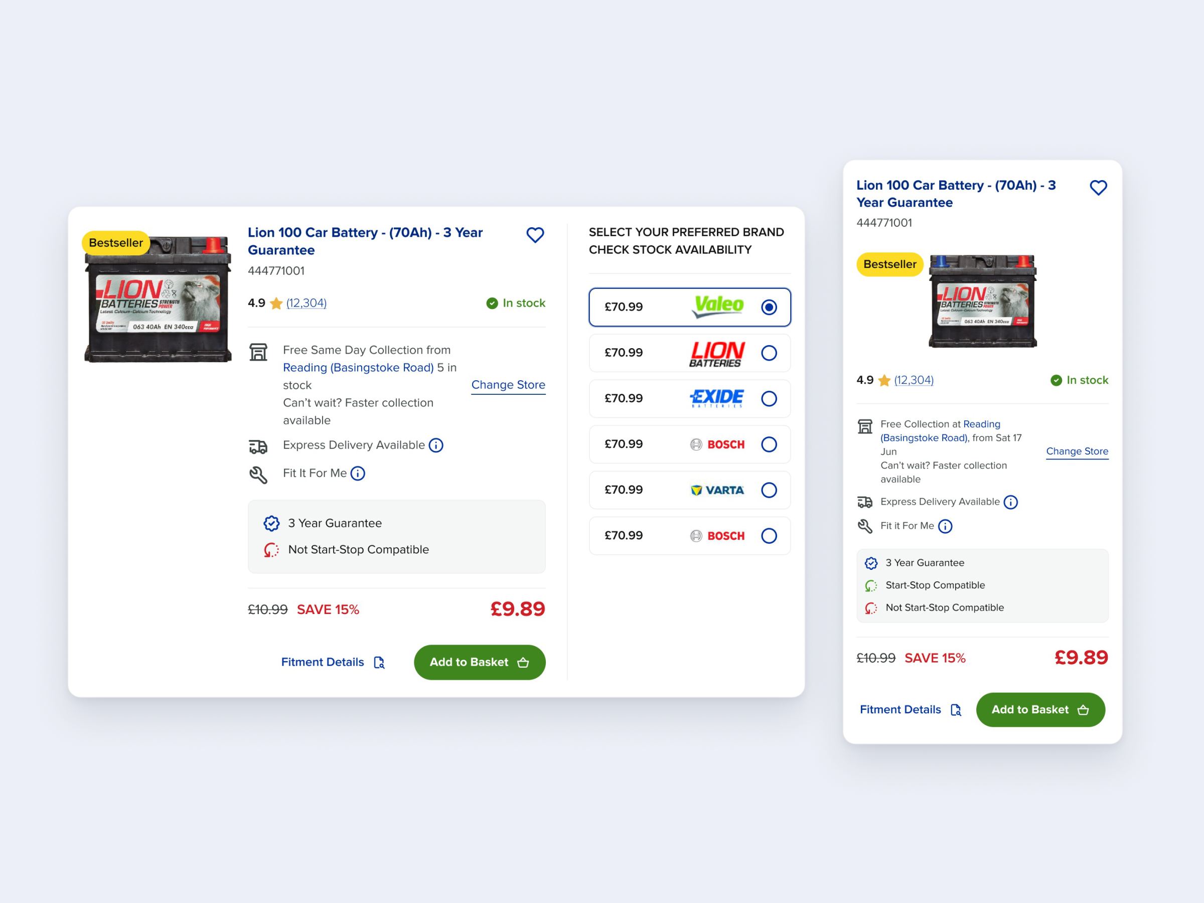 Euro Car Parts product cards for a car battery, with stock, collection and delivery details and a brand selector
