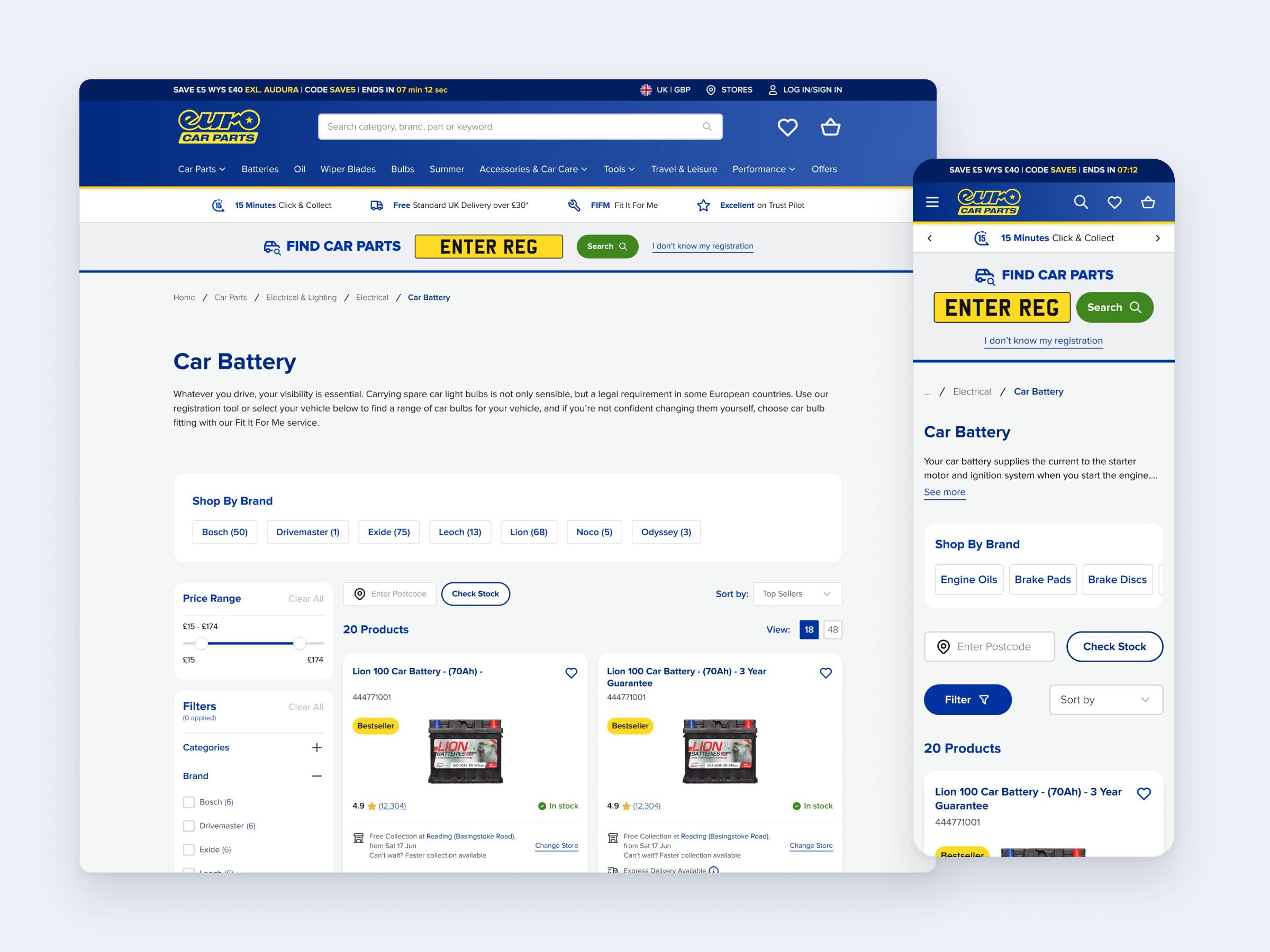 Euro Car Parts car battery listing page on desktop and mobile, with filters and product cards