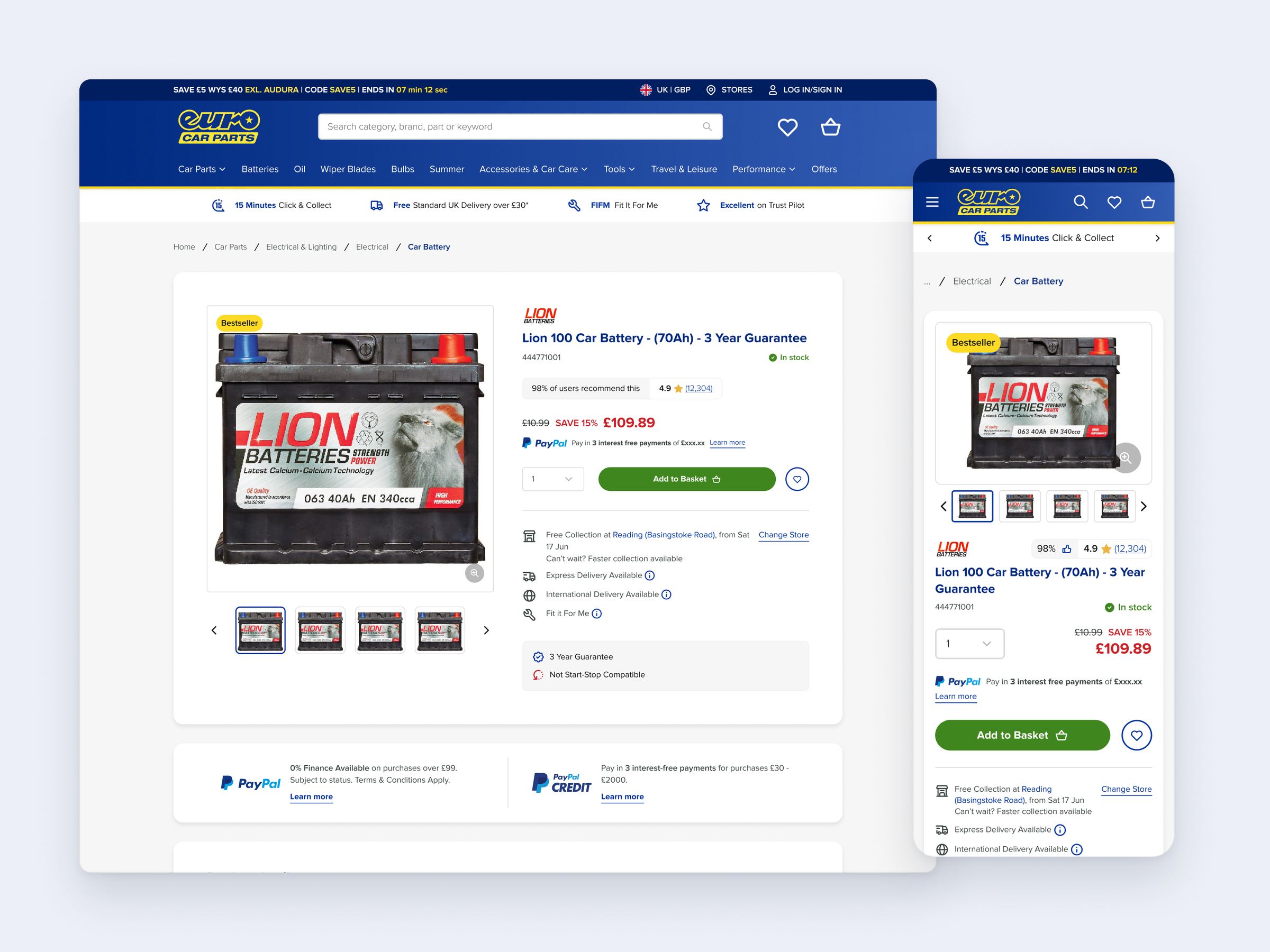 Euro Car Parts product page for a car battery on desktop and mobile