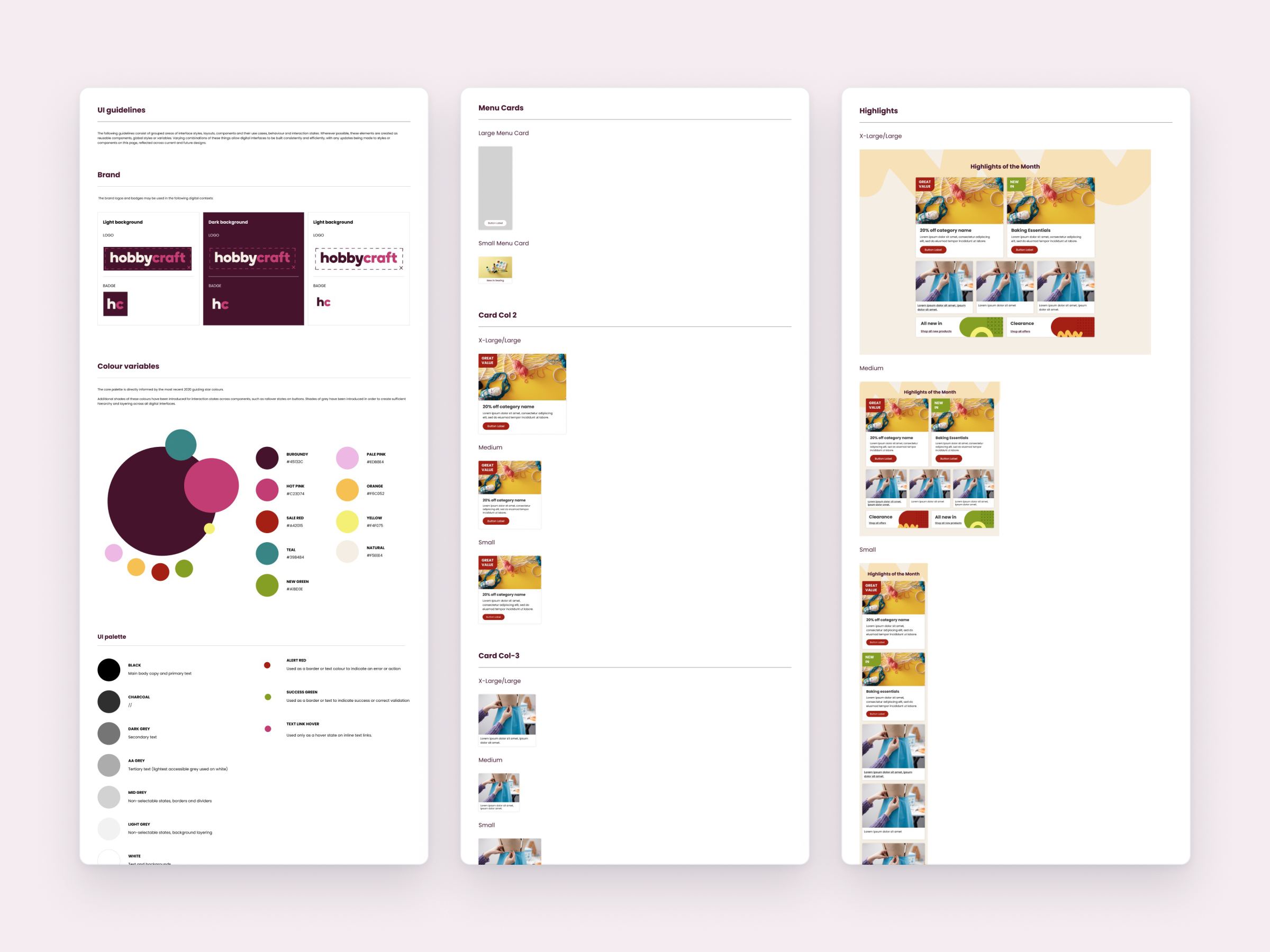 Hobbycraft component library pages for colour, cards and modules