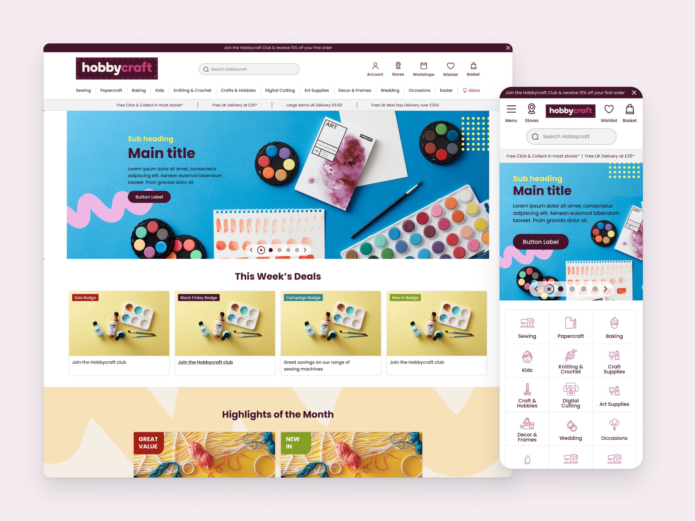Hobbycraft homepage on desktop and mobile