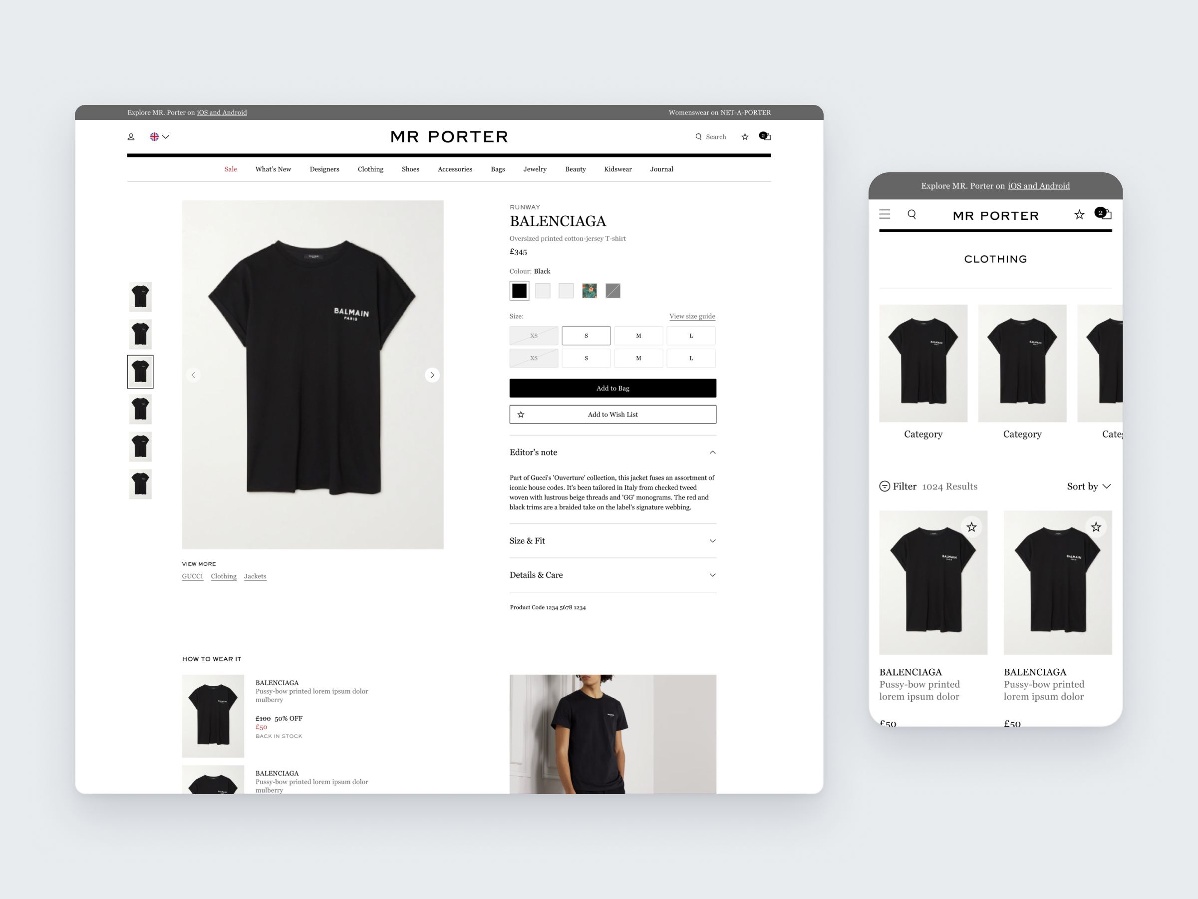 Mr Porter product page on desktop next to a product listing on mobile