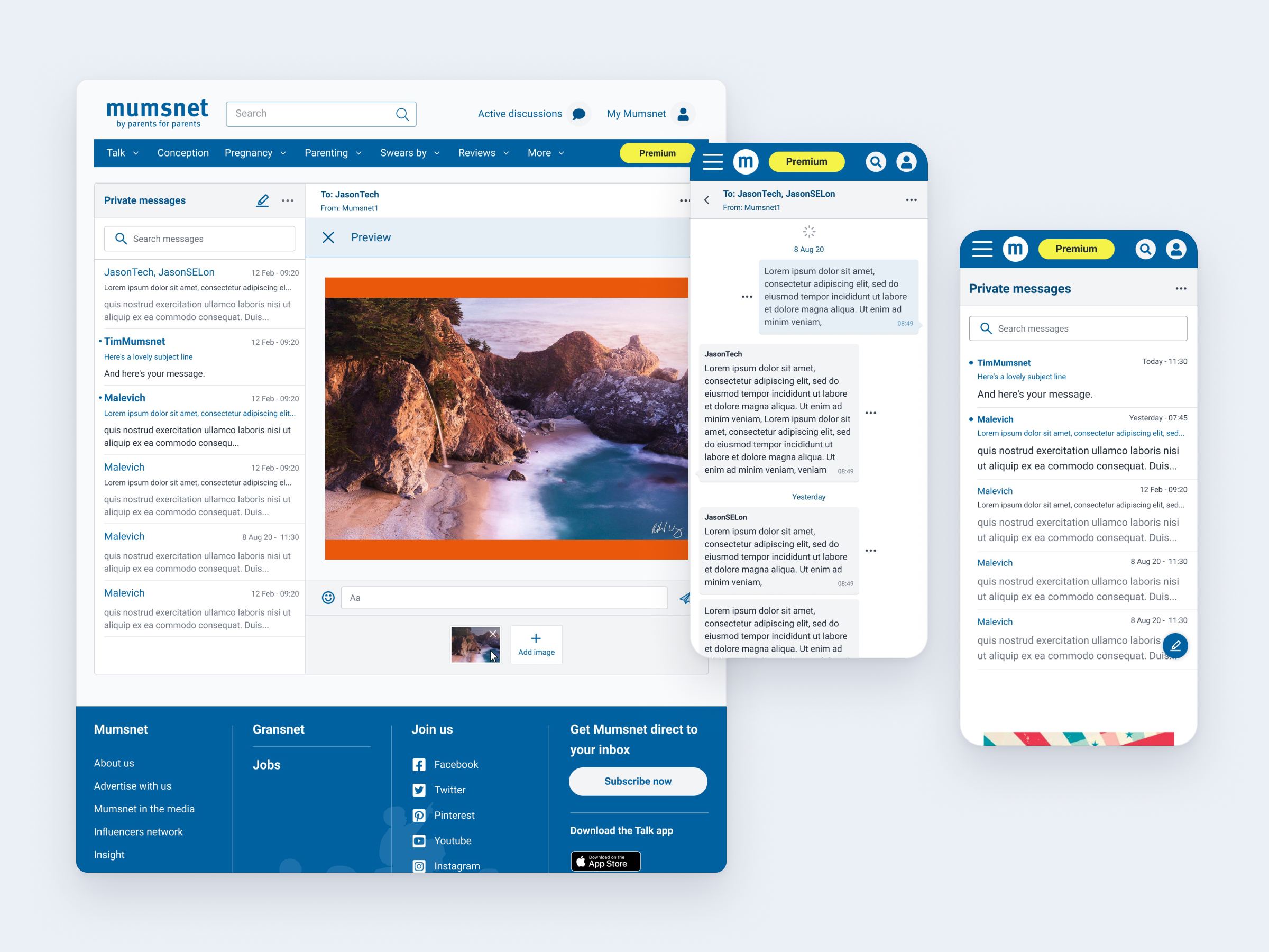 Mumsnet private messaging on desktop and mobile, with a conversation and the inbox
