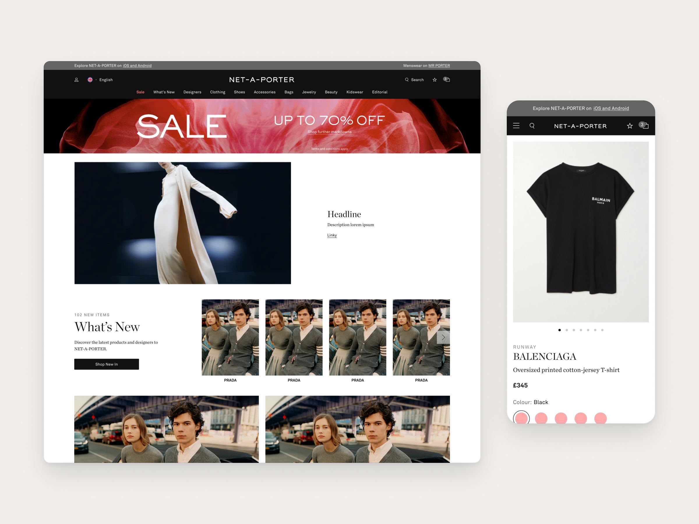 Net-A-Porter homepage on desktop next to a product page on mobile