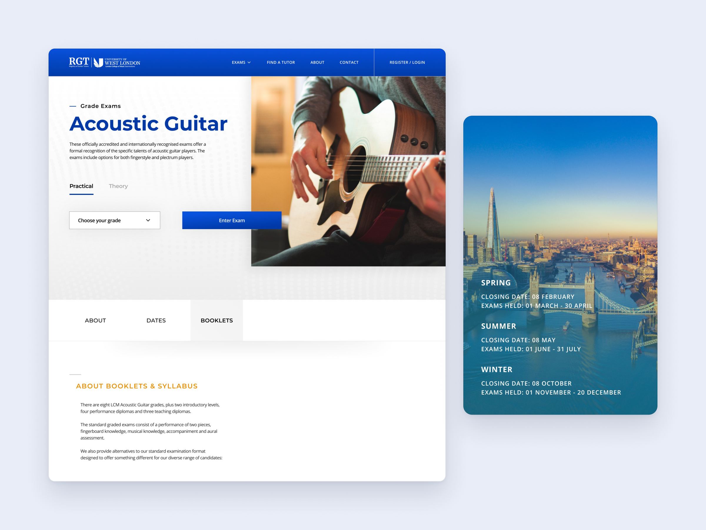 Registry of Guitar Tutors Acoustic Guitar exam page on desktop, next to the exam dates card