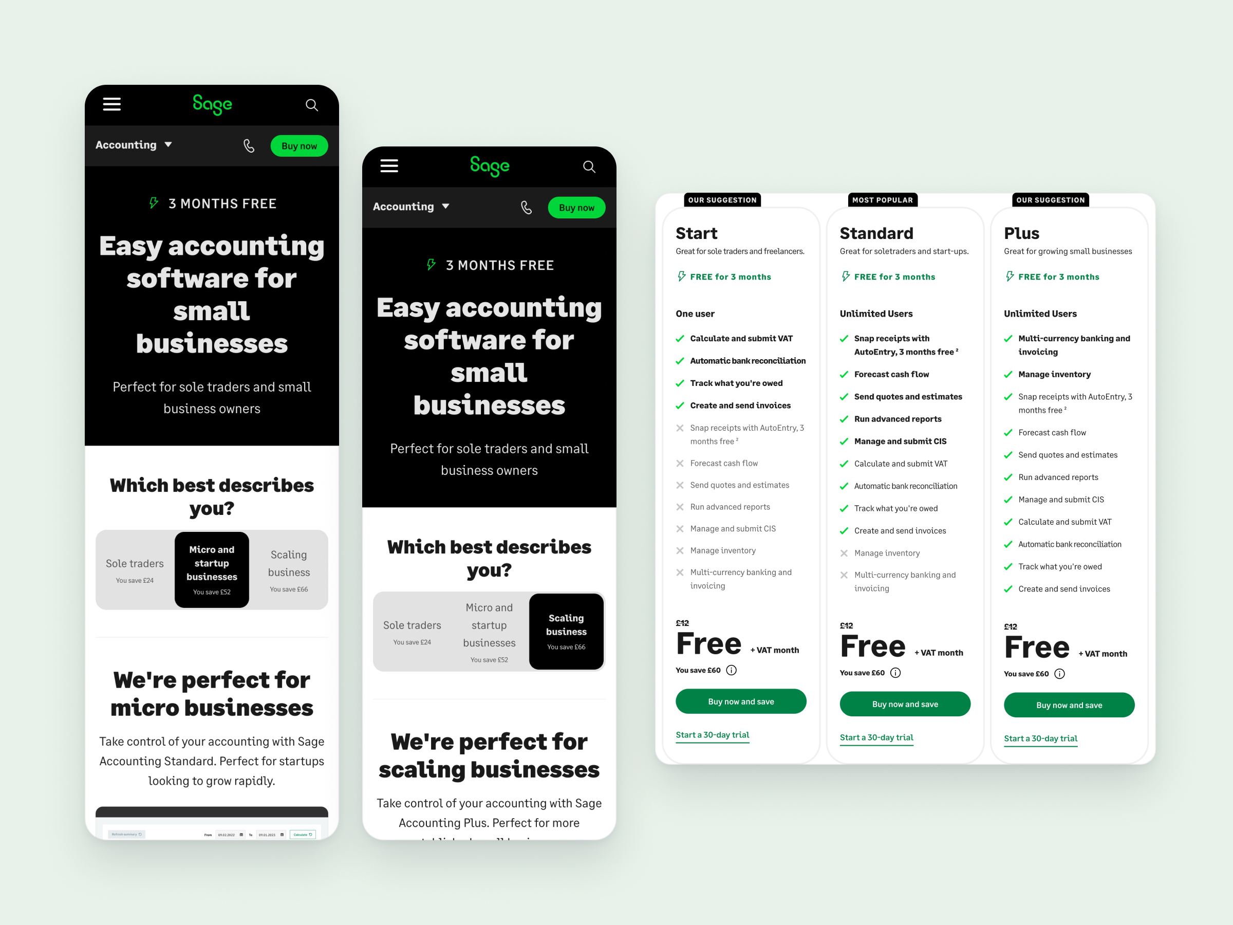 Sage Accounting product pages on mobile, with plan cards for Start, Standard and Plus