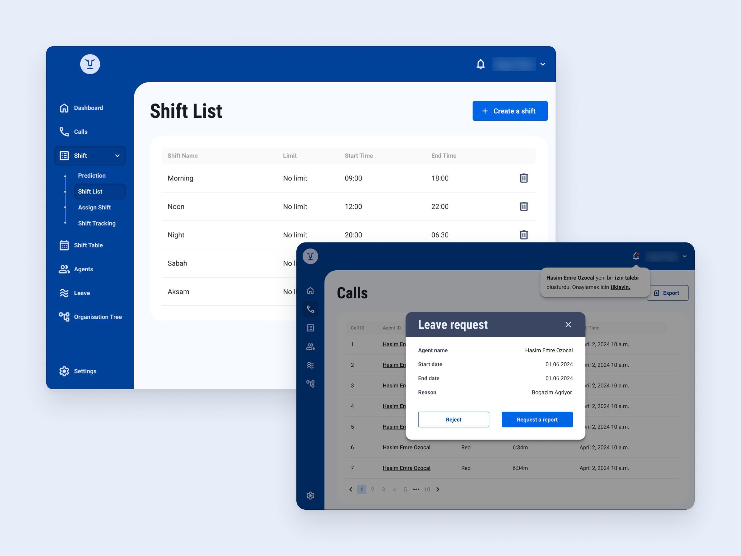 Shiftiger shift list, with a leave request open on the calls screen