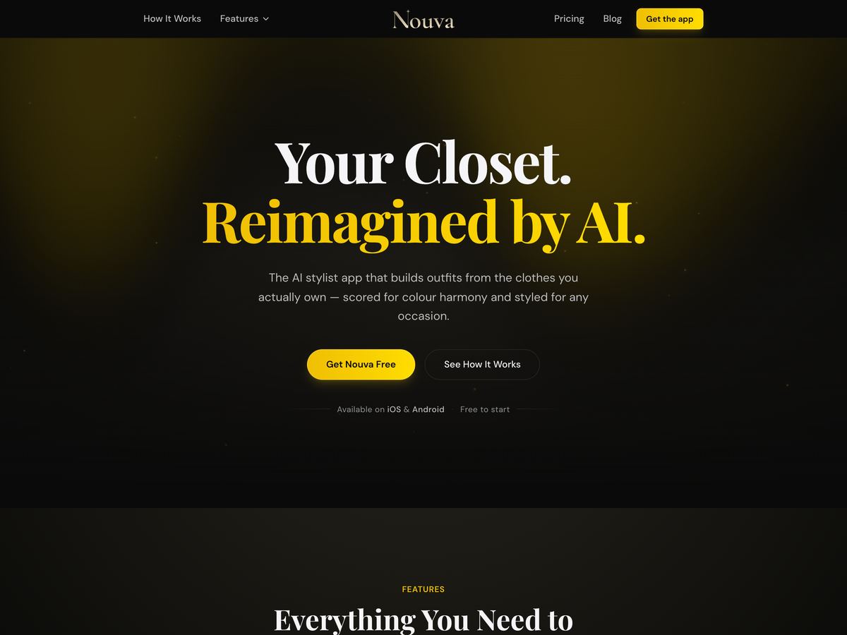 The nouva.app home page: 'Your Closet. Reimagined by AI.'