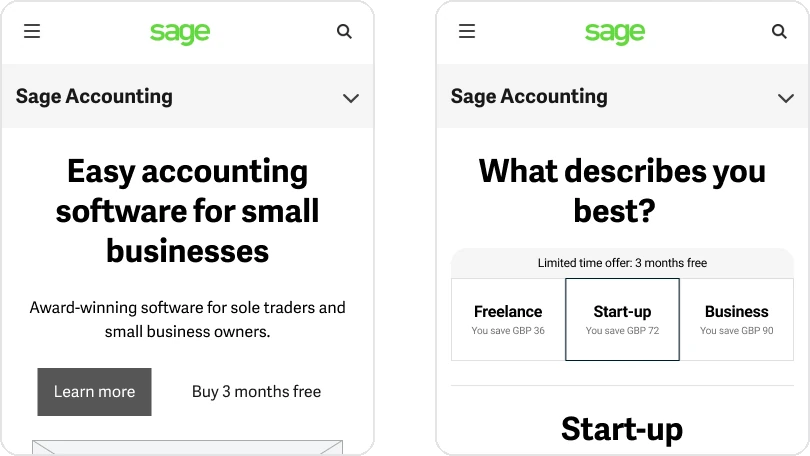 The two directions as wireframes: product first on the left, personalised on the right