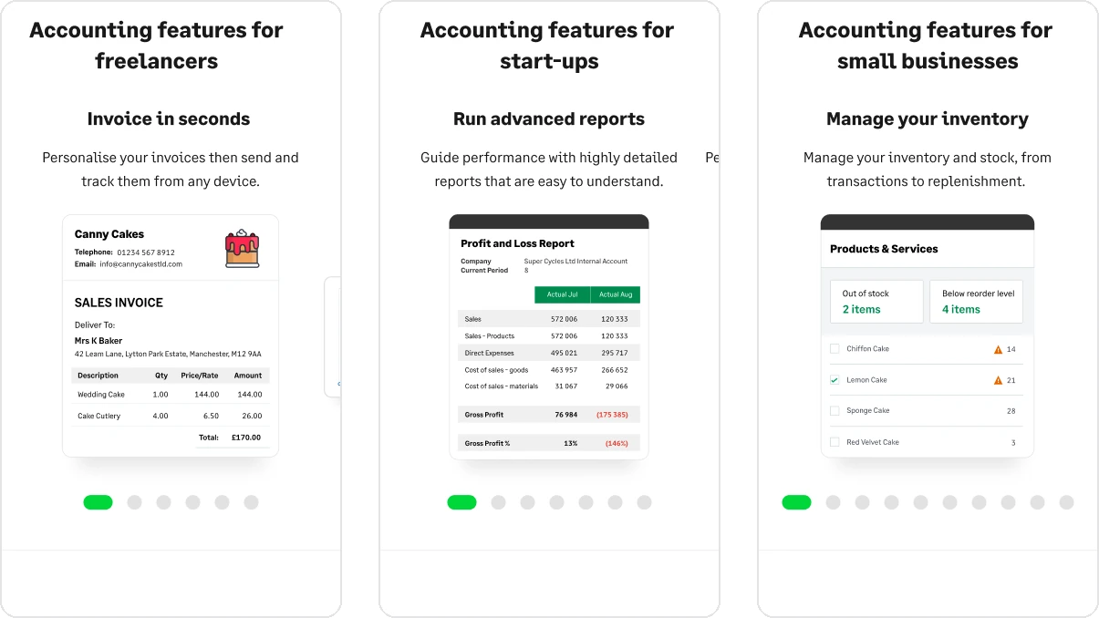 The features for each answer: freelancers, start-ups and small businesses