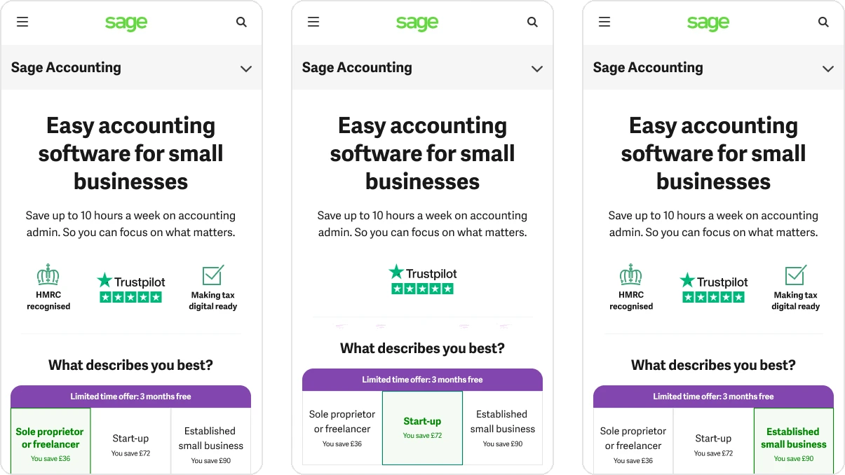 The same three pages in Sage’s earlier brand